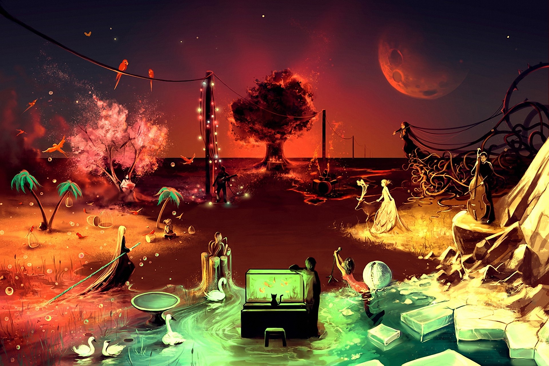 Surreal fantasy landscape with musicians and mythical creatures HD Wallpaper