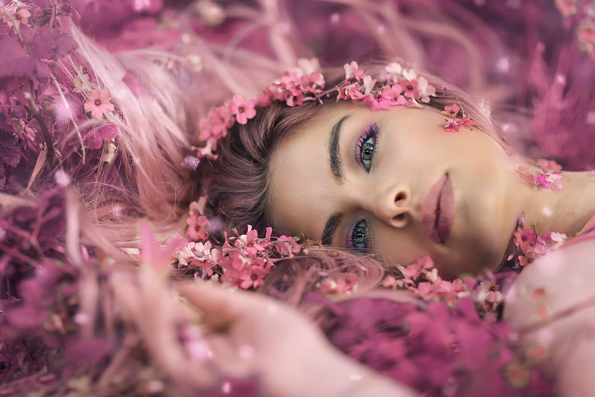 Woman with pink flowers and makeup HD Wallpaper
