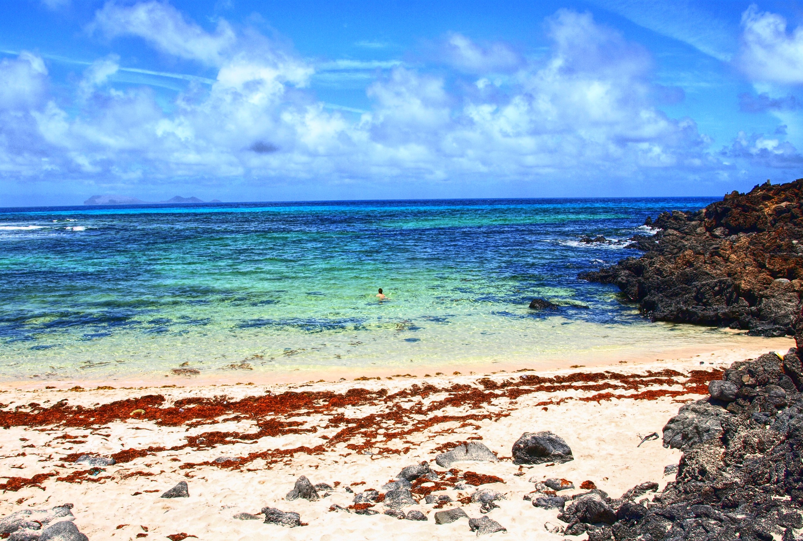 Beach with volcanic rocks and a person swimming HD Wallpaper