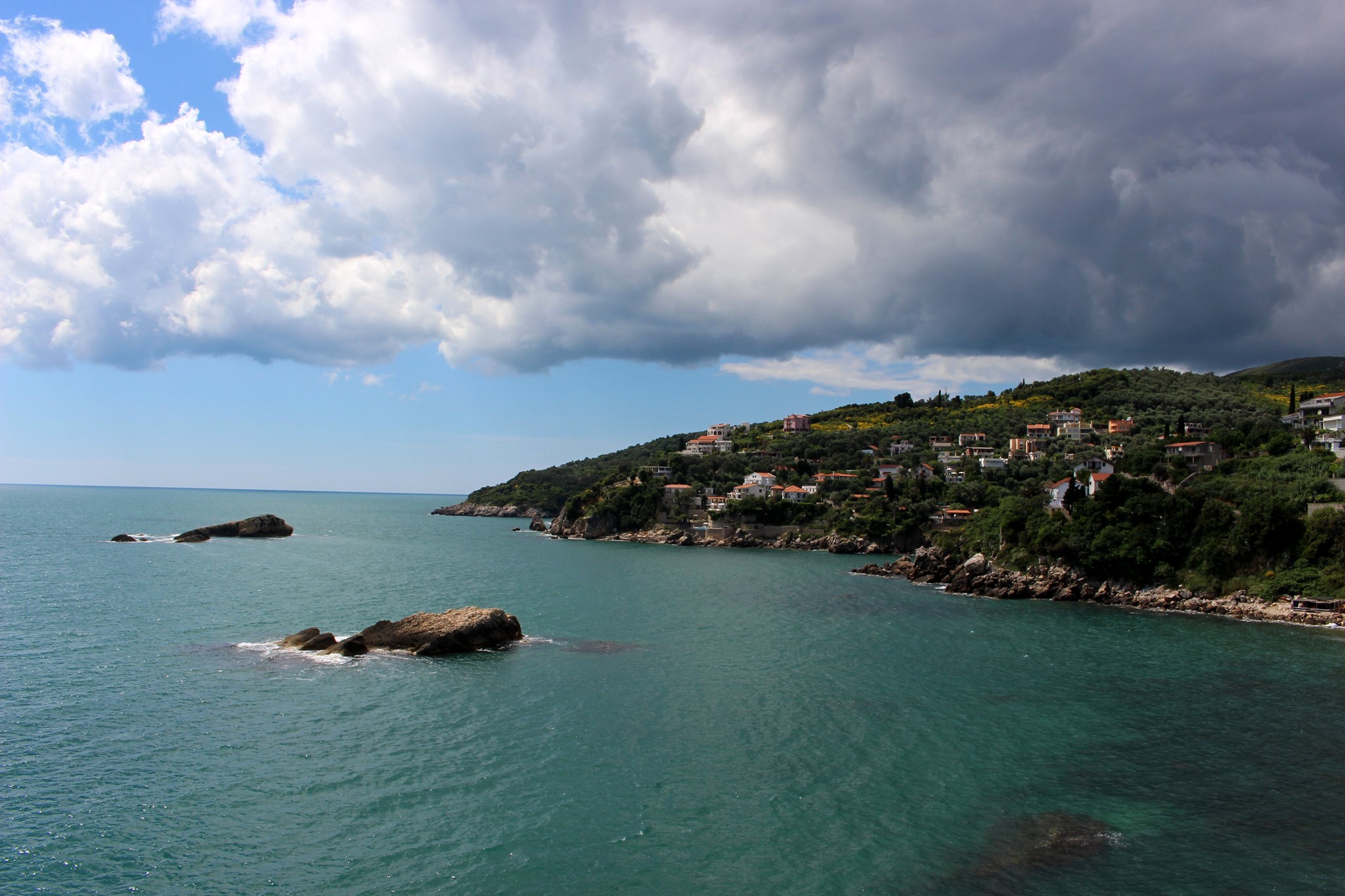 Coastline with houses and rocks in the sea, Montenegro HD Wallpaper