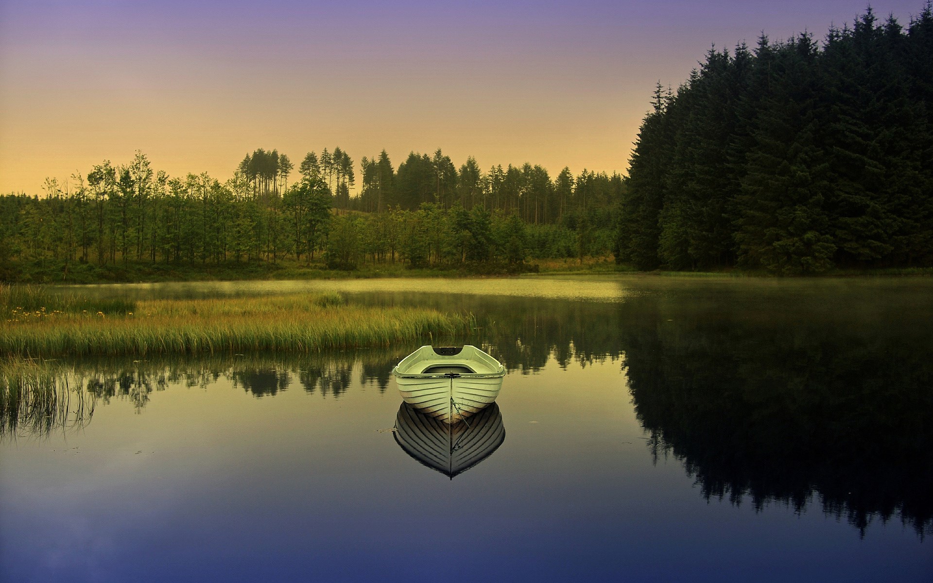 Rowboat on a calm lake at sunrise with forest reflection HD Wallpaper