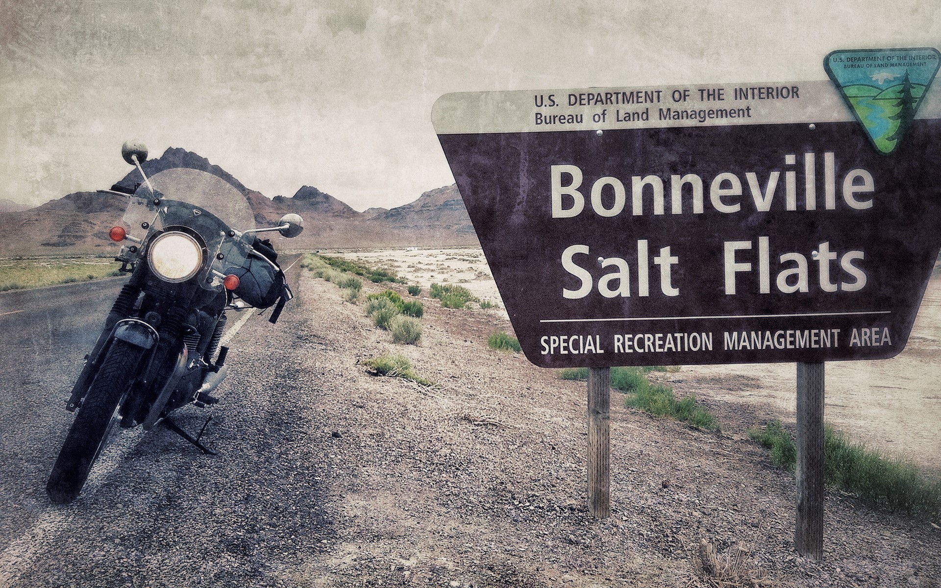 Bonneville Salt Flats Special Recreation Management Area sign and motorcycle HD Wallpaper