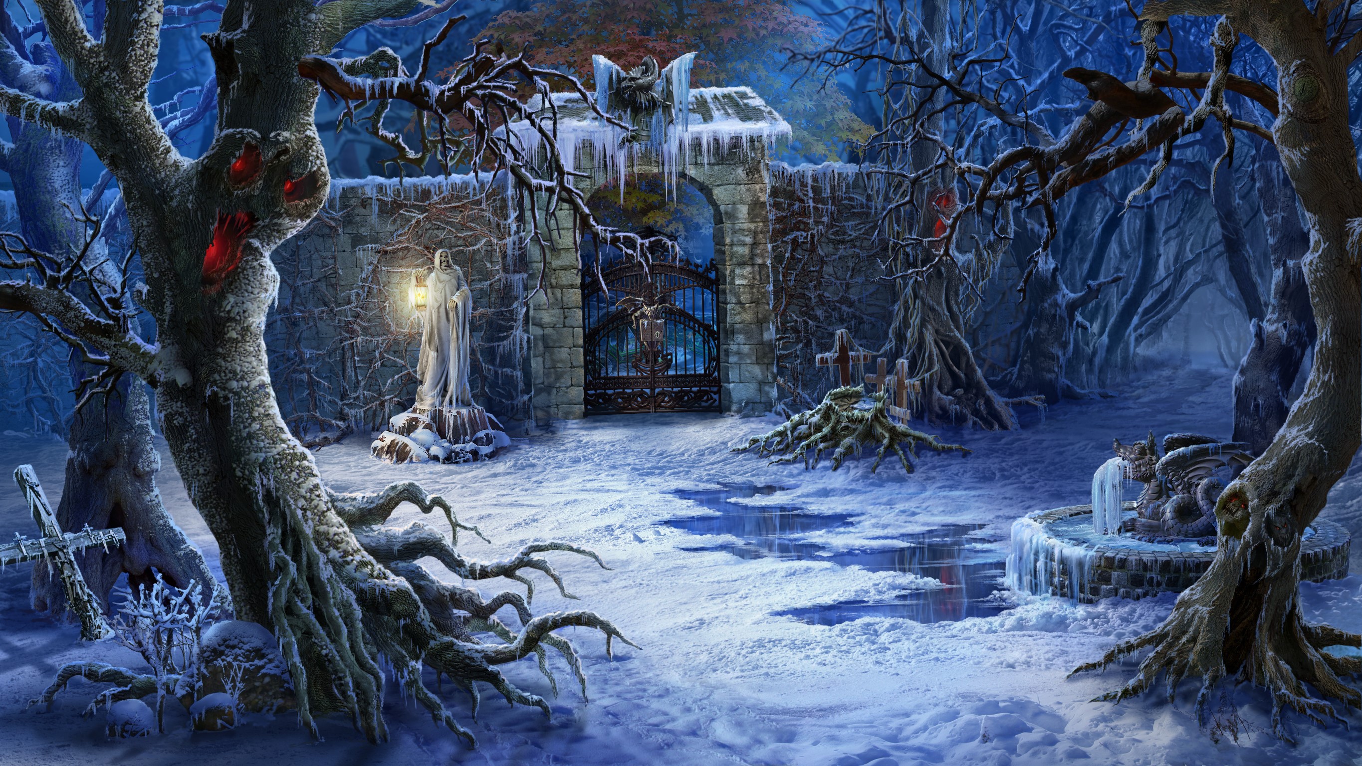 Snowy cemetery with ancient trees and a stone gate HD Wallpaper