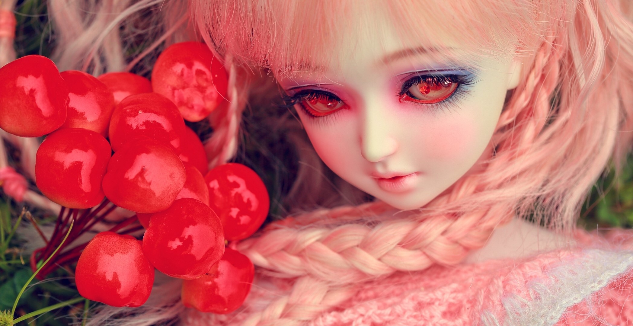 Doll with pink hair and red berries HD Wallpaper