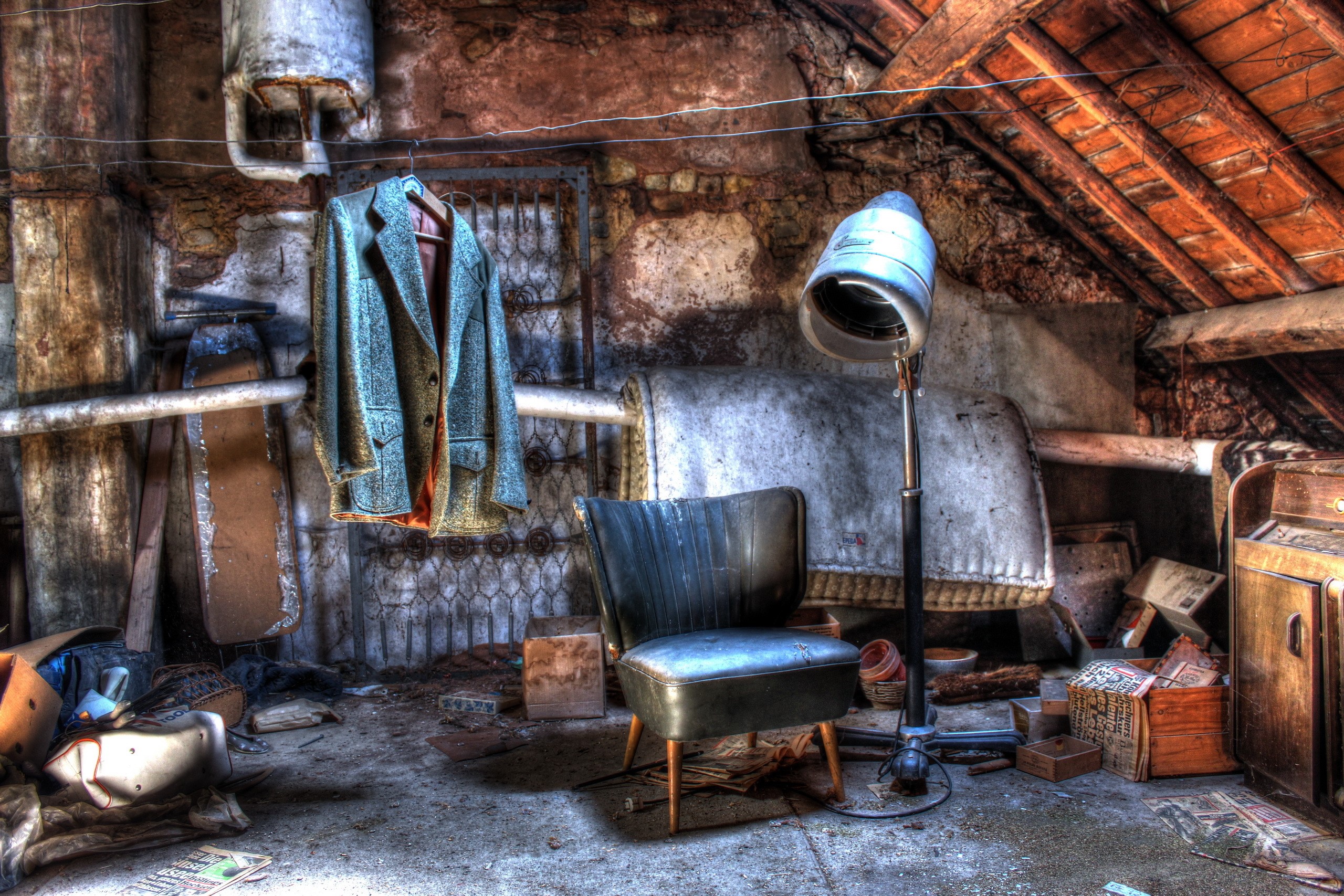 Abandoned attic with vintage hair dryer and chair HD Wallpaper