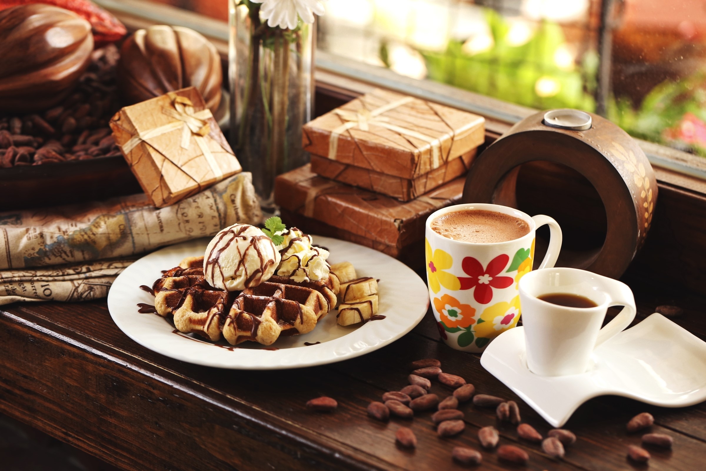 Waffle with ice cream and coffee HD Wallpaper