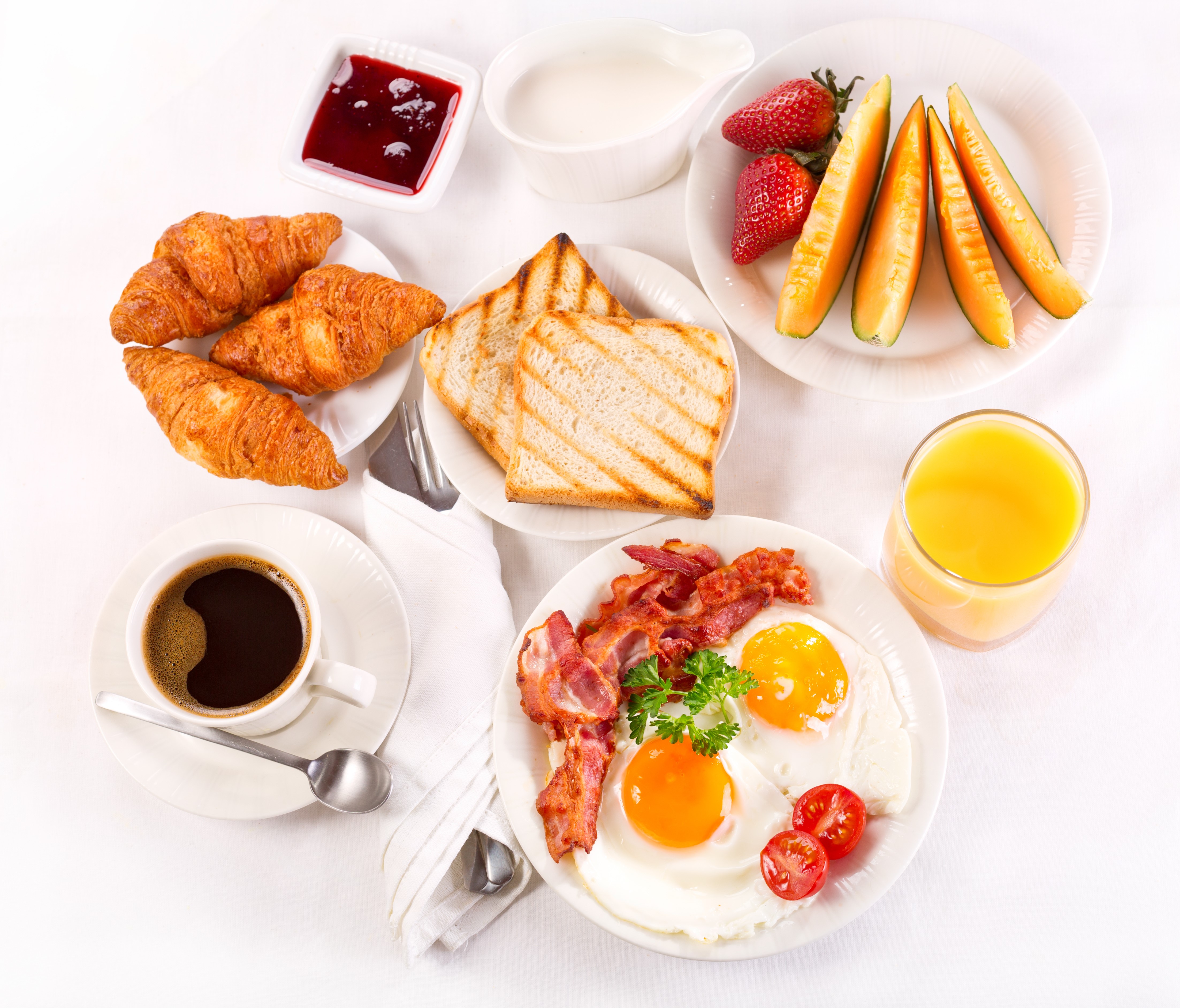 Breakfast with Coffee, Croissants, Eggs, and Fruit HD Wallpaper