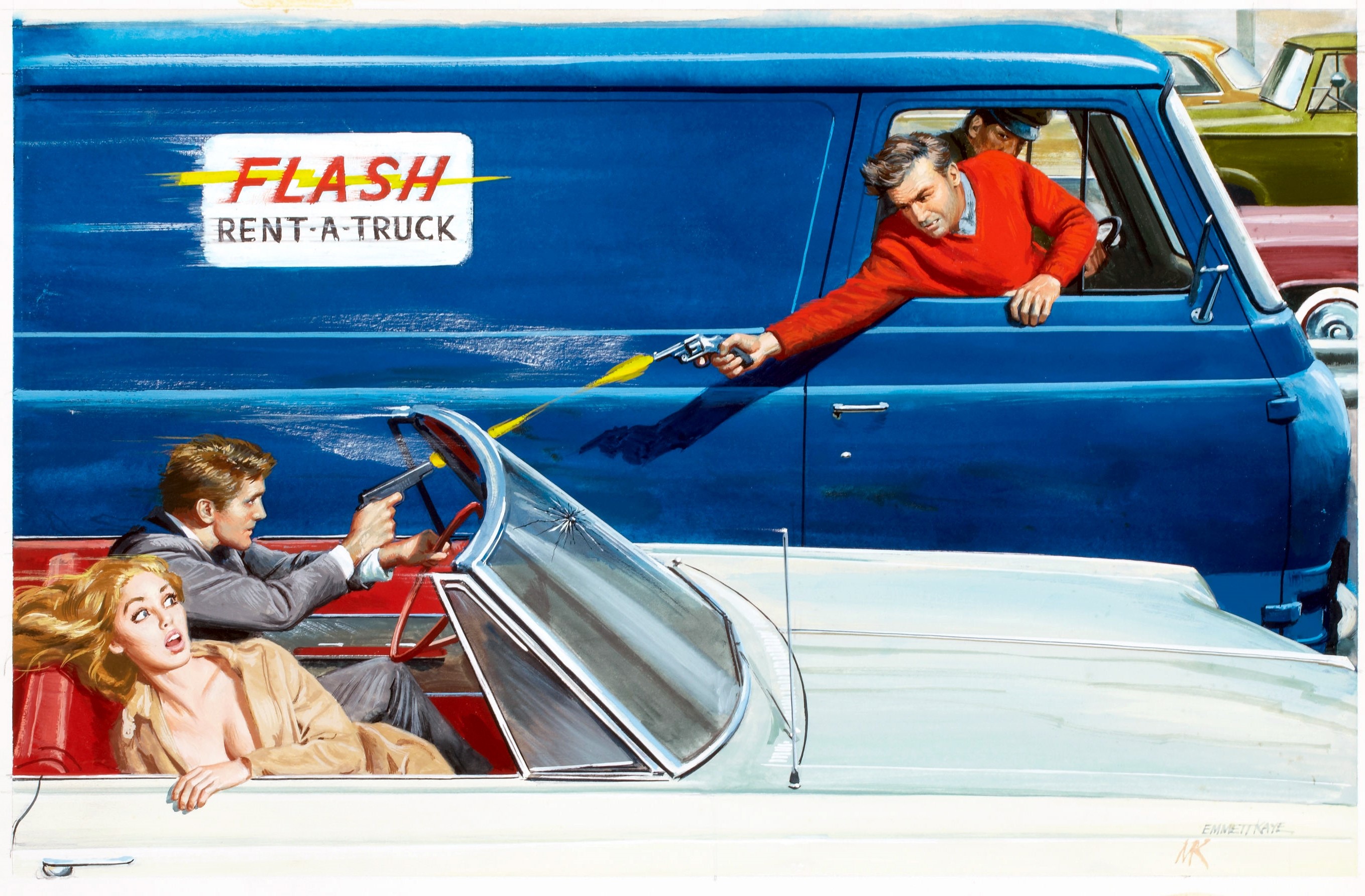 Mort Kunstler painting of a shootout between a van and a car HD Wallpaper