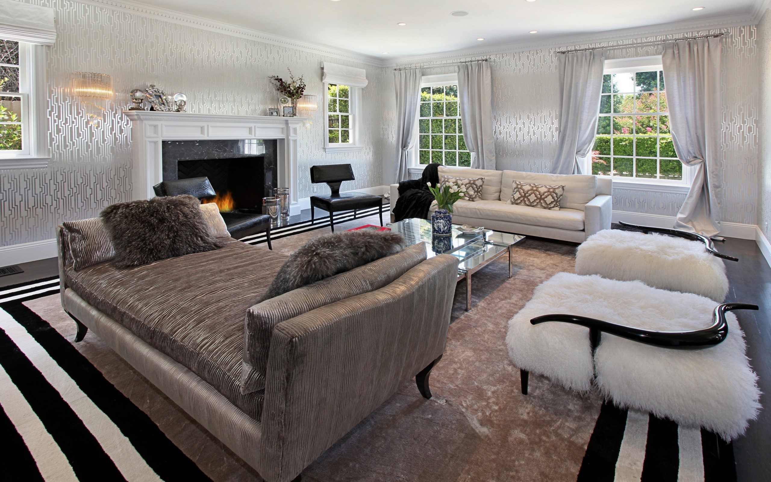 Luxurious living room with fireplace and modern furniture HD Wallpaper