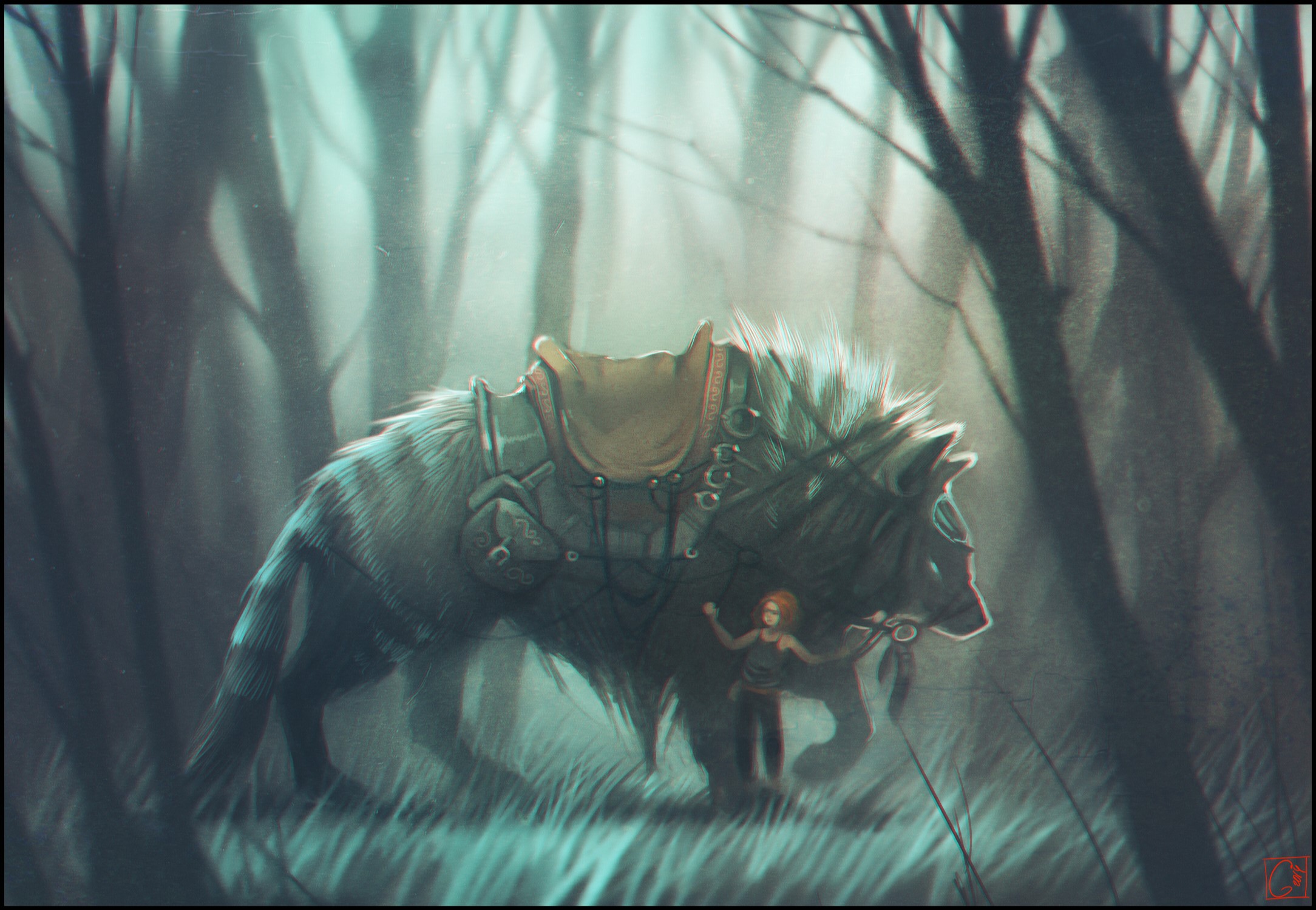 Girl with a giant wolf in a misty forest HD Wallpaper
