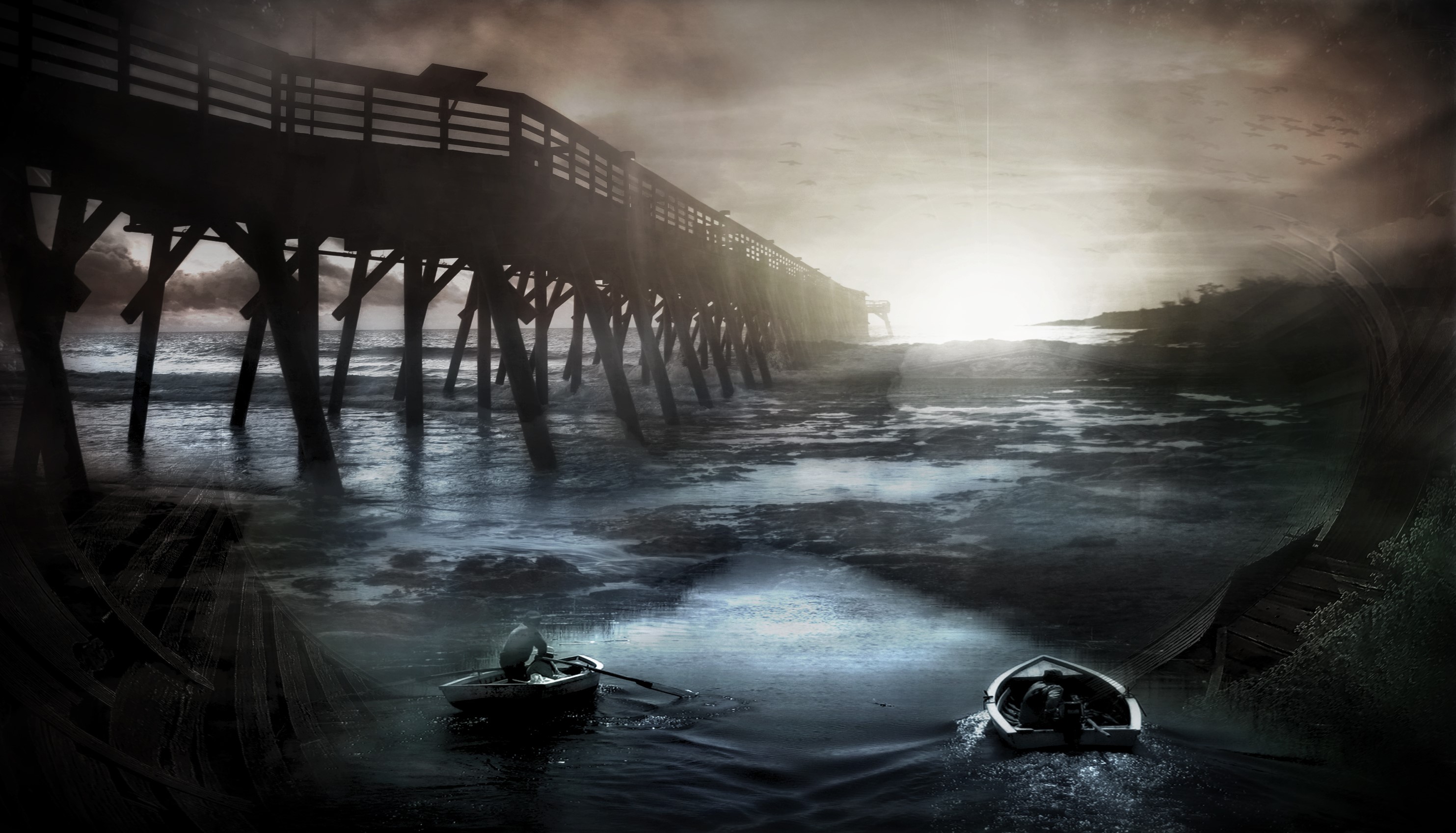 Two boats under a pier at sunset HD Wallpaper