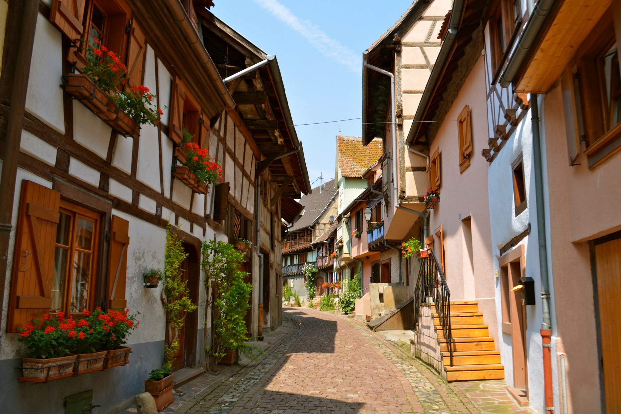 Half-timbered houses on a cobblestone street in Eguisheim, France HD Wallpaper