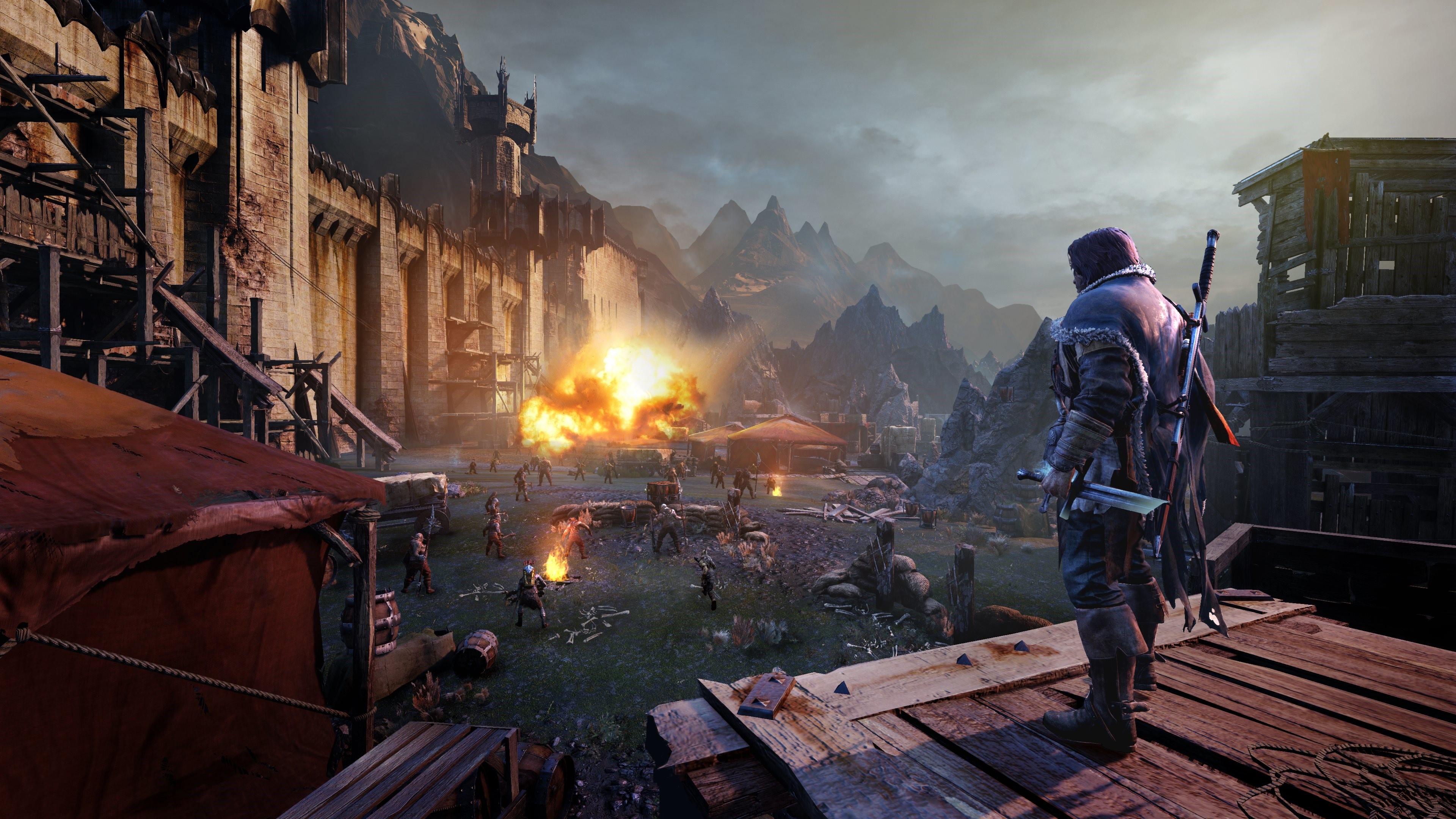 Explosion near a castle wall with warriors and swords HD Wallpaper