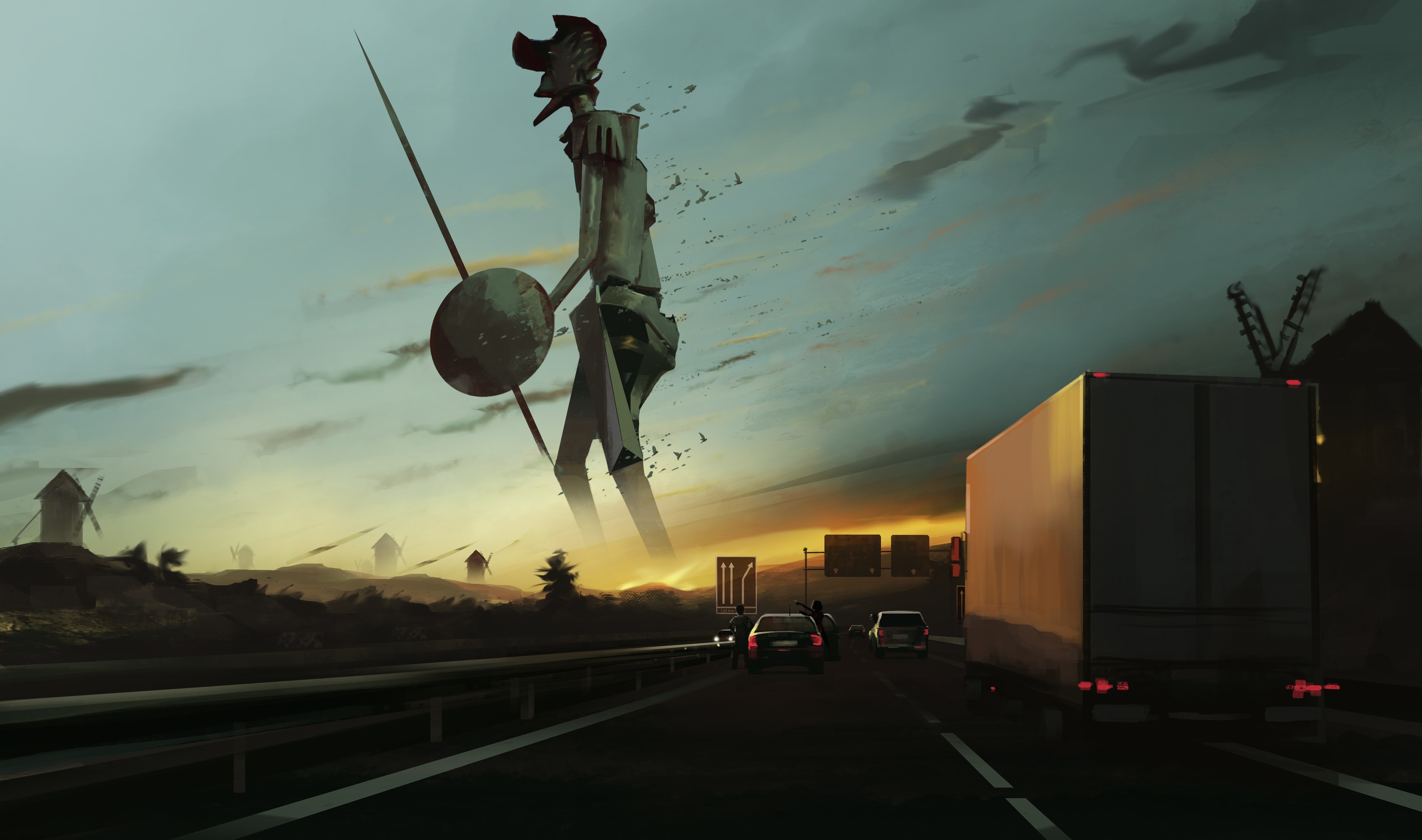 Giant Don Quixote figure with windmills and trucks on highway HD Wallpaper