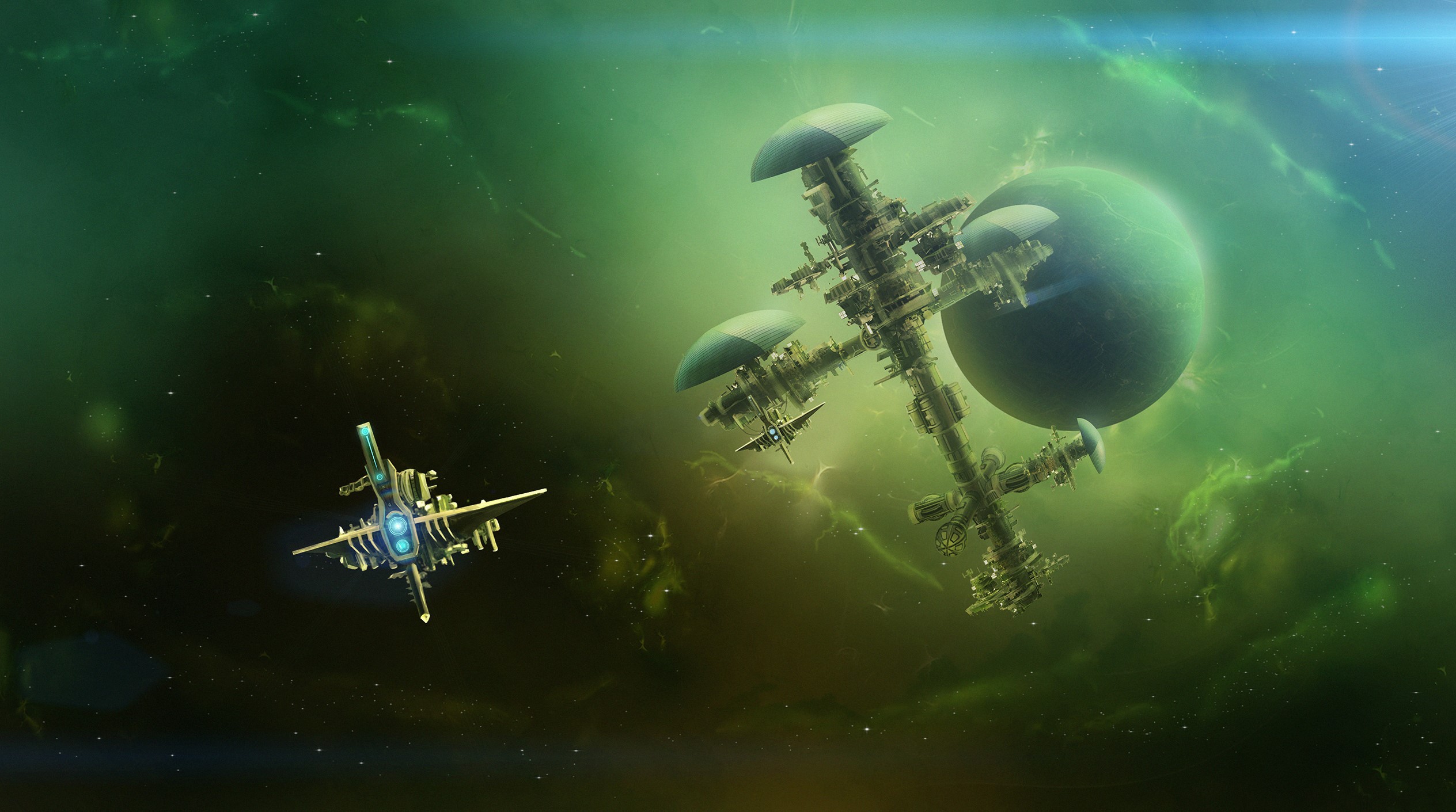 Space station and ships near a planet in deep space HD Wallpaper