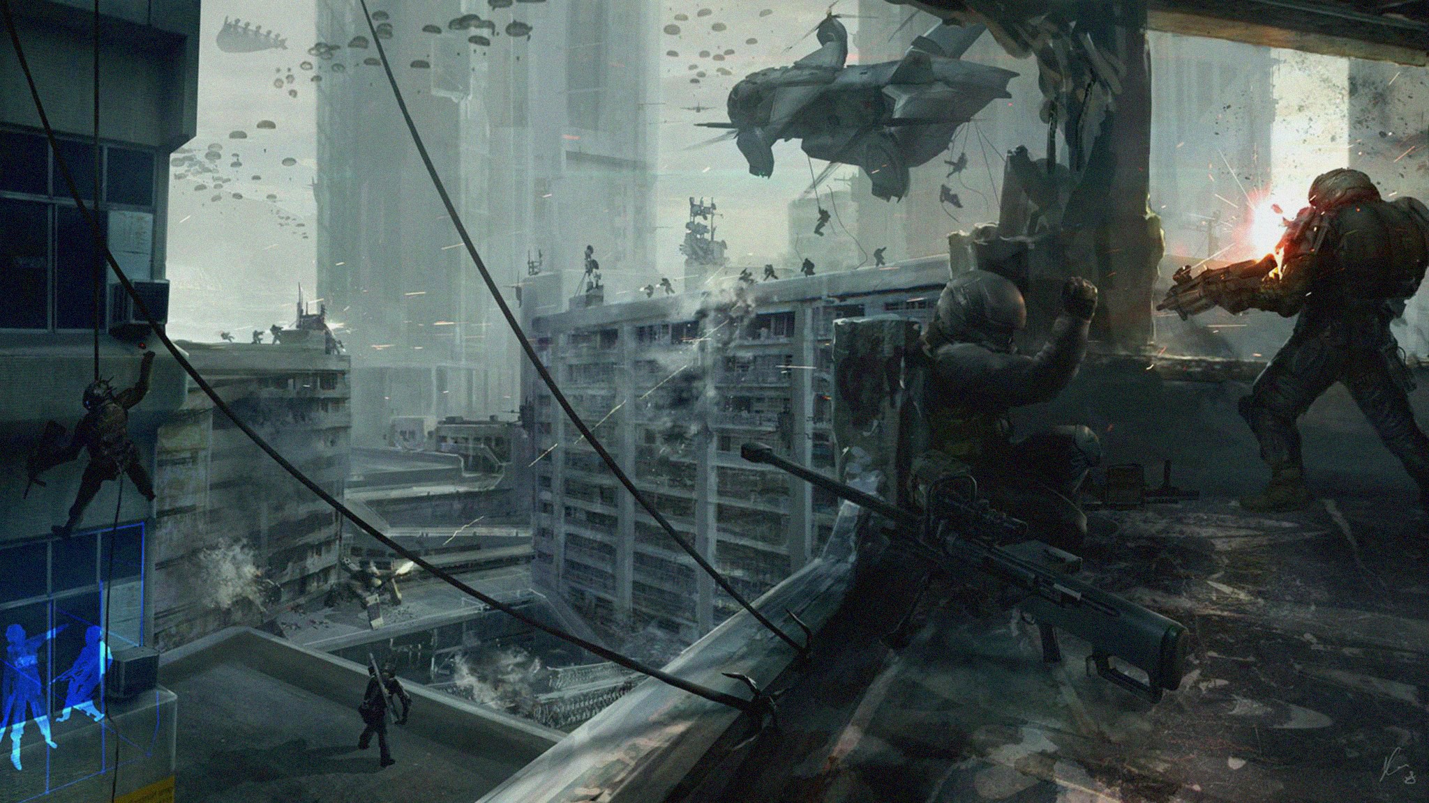 Soldiers parachuting into a war-torn city with helicopters HD Wallpaper