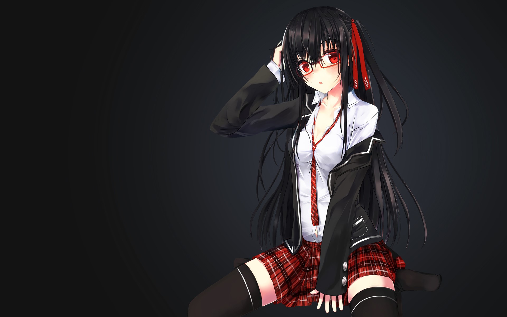 Anime girl with black hair and red glasses HD Wallpaper