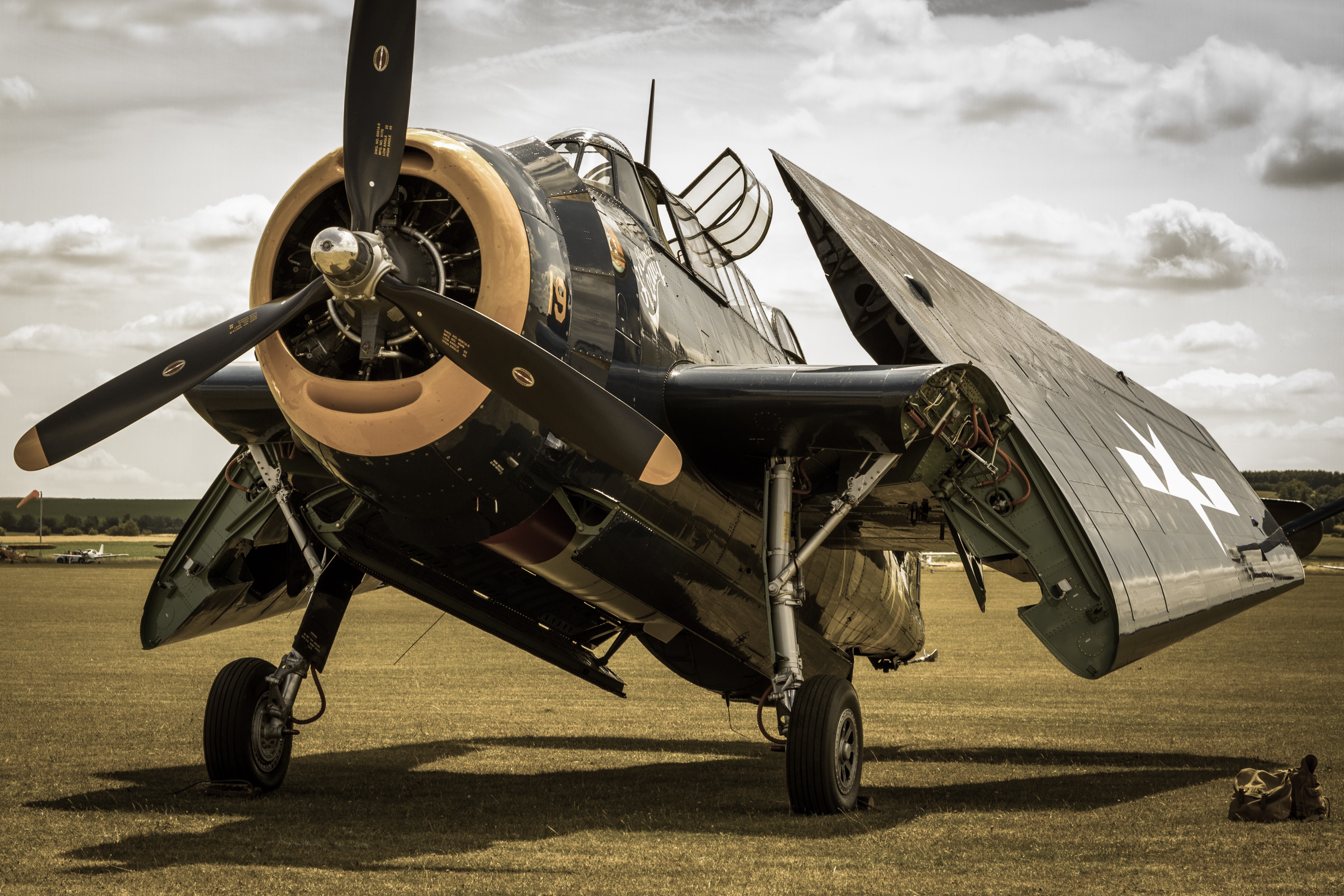4K Grumman TBM Avenger airplane on a field HD Wallpaper