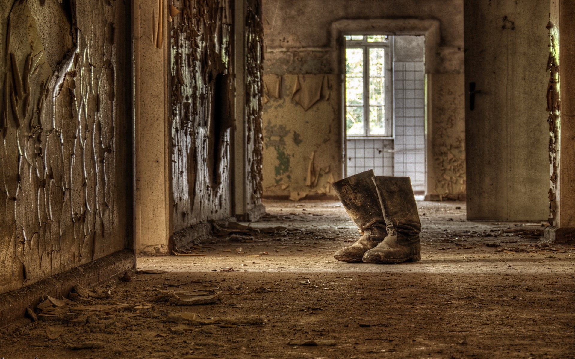 Old hallway with worn boots HD Wallpaper