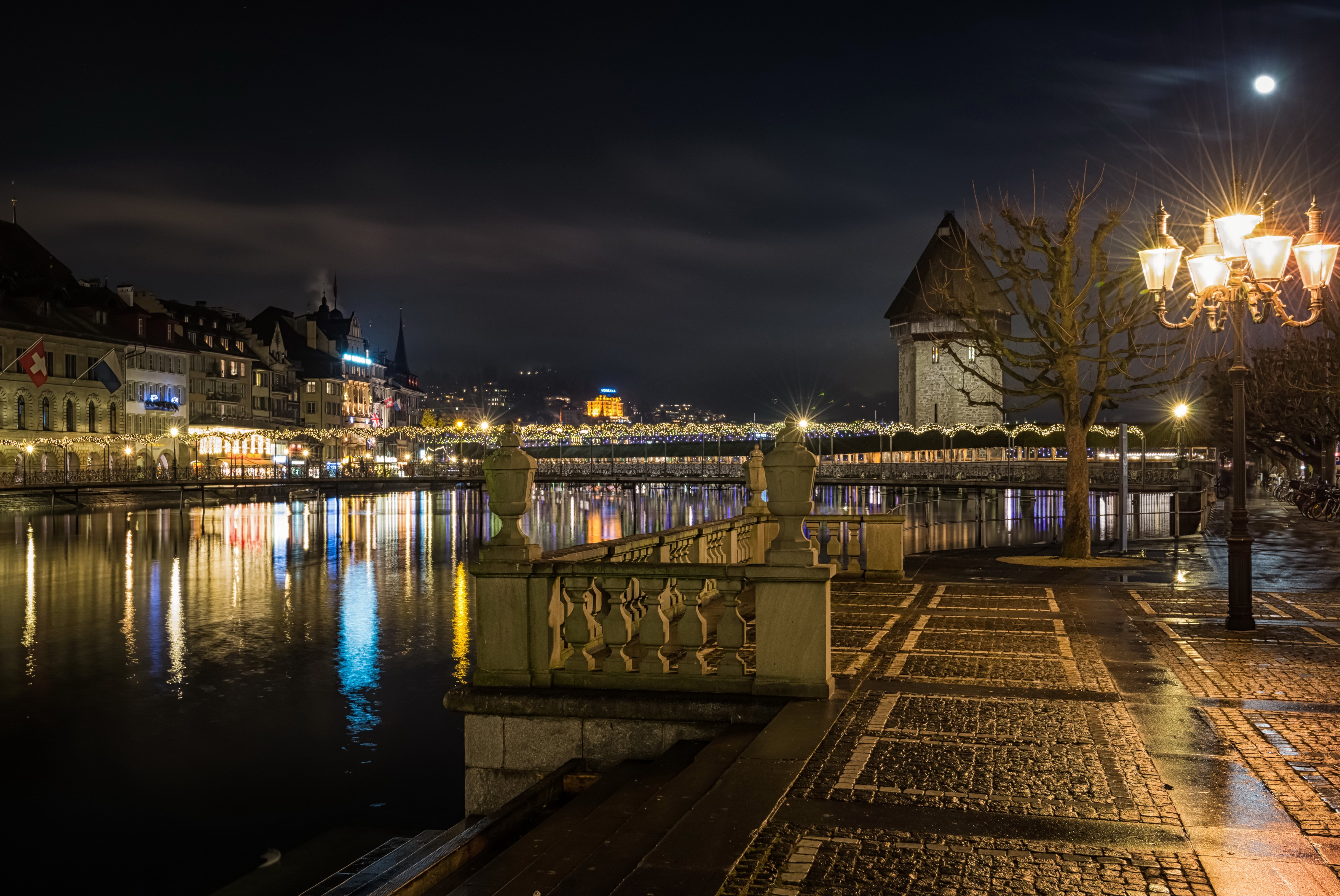 Lucerne, Switzerland at Night with River and Bridge HD Wallpaper