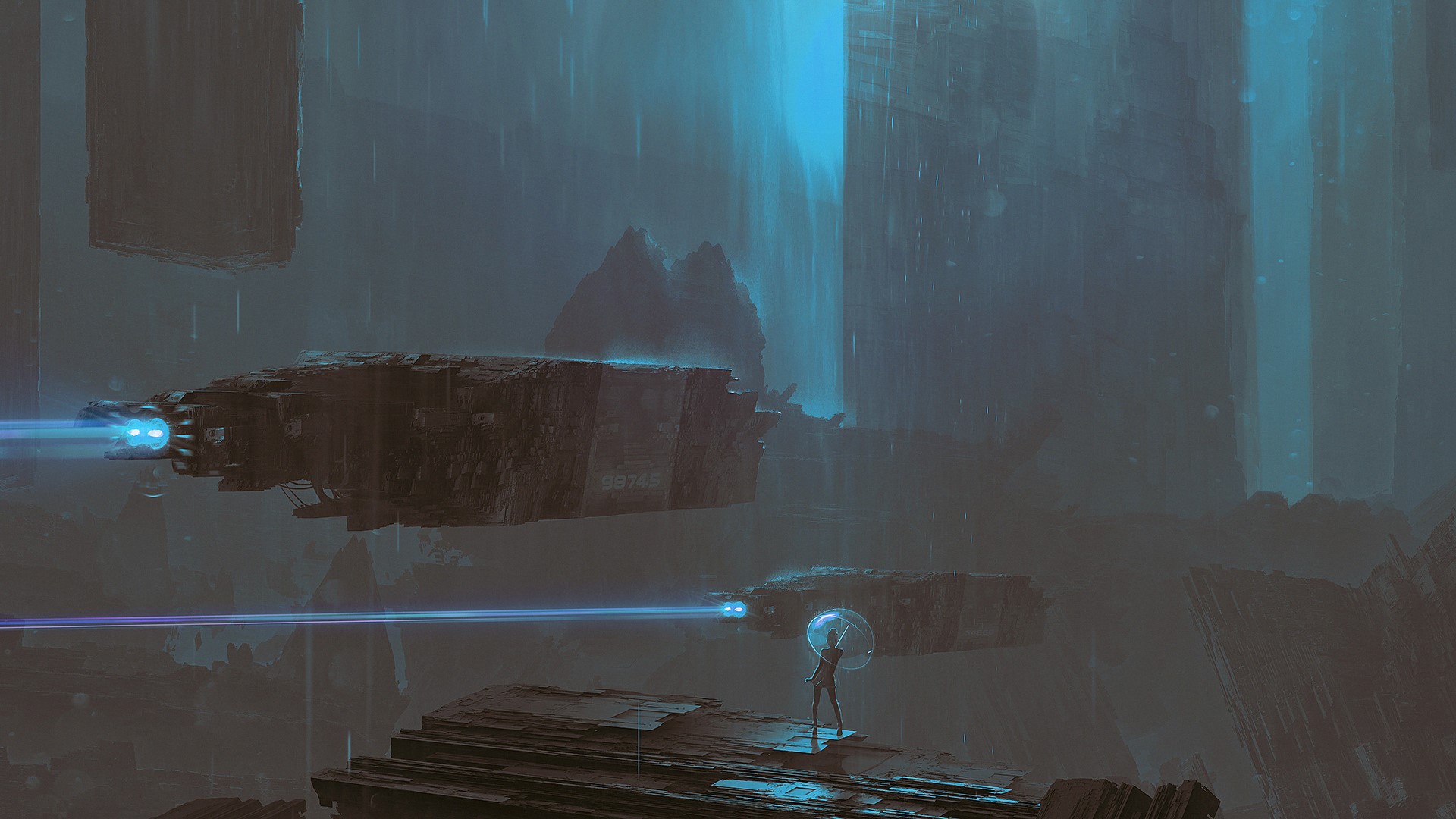 Sci-fi rain with flying ships and a person HD Wallpaper