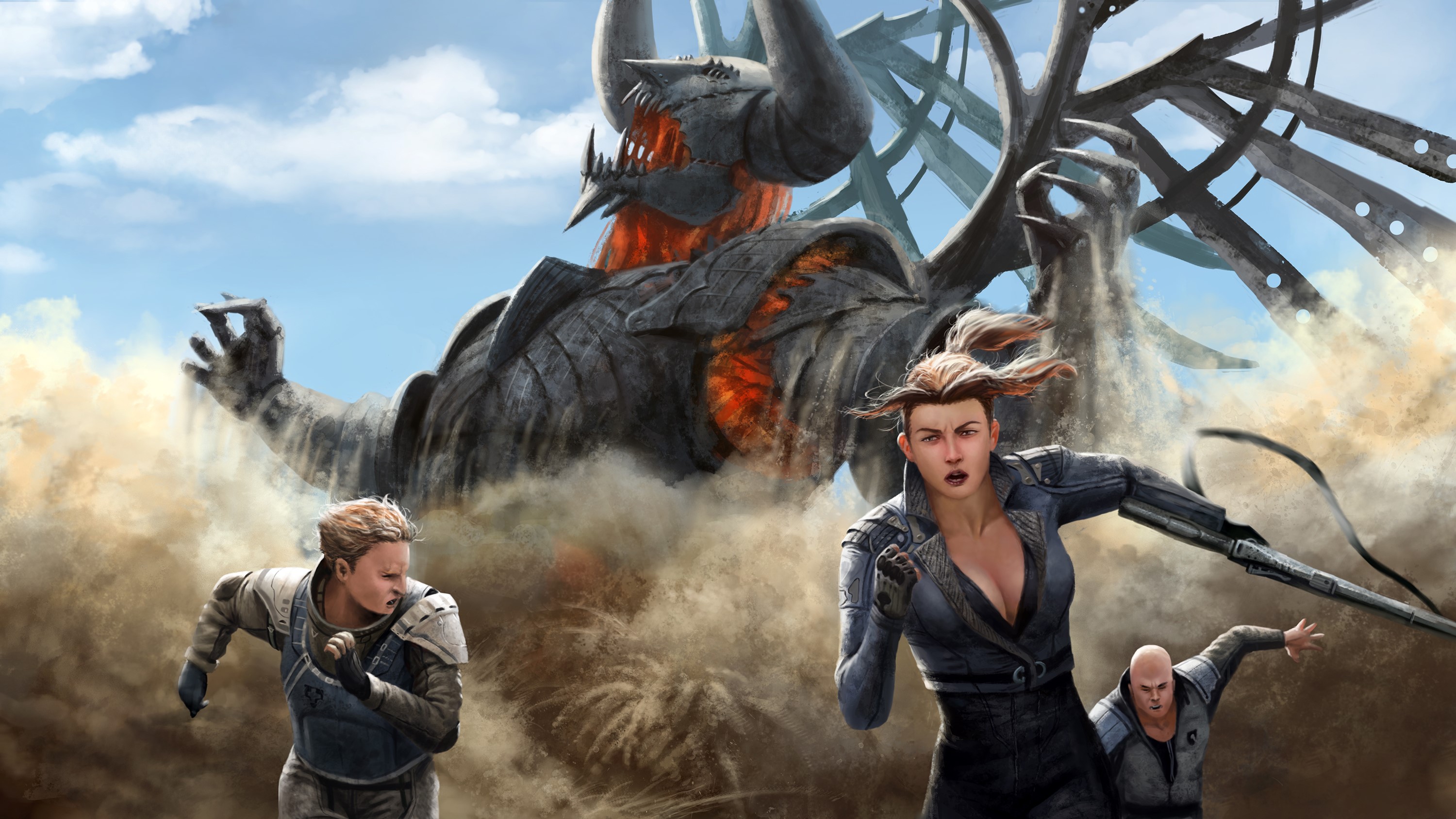 Monster attacking people in a desert HD Wallpaper