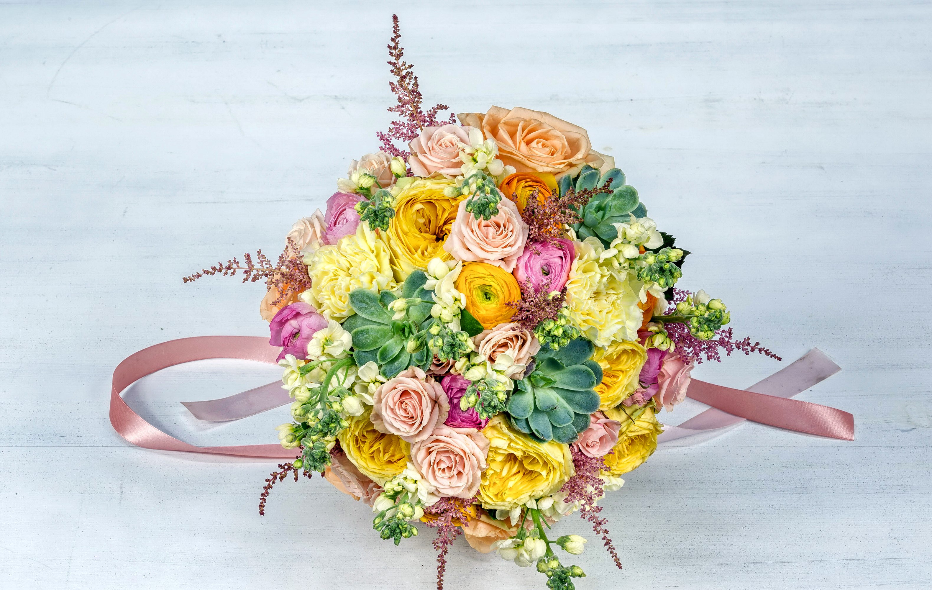 Bouquet of Roses, Ranunculus, and Succulents with Pink Ribbon HD Wallpaper