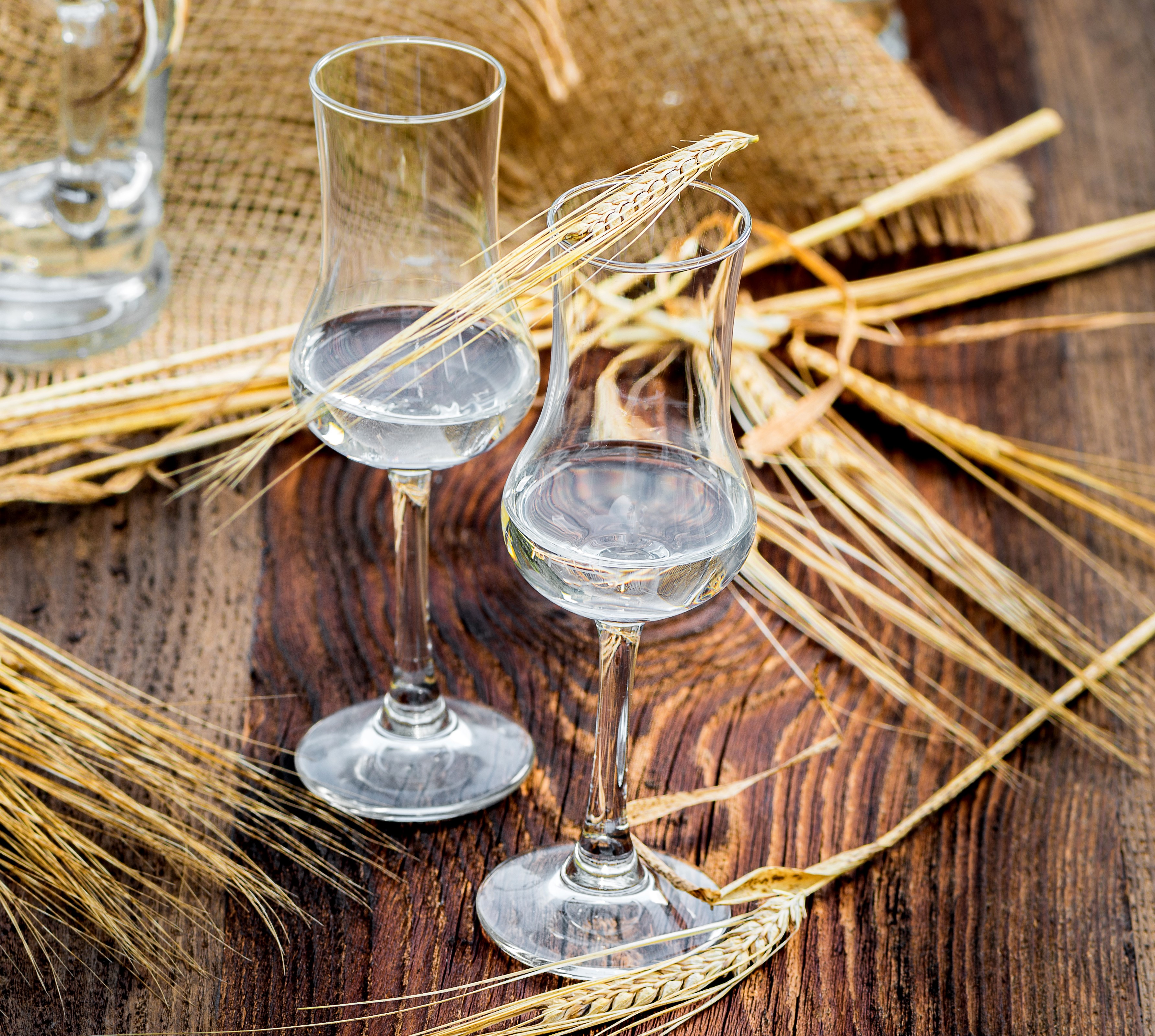 Two shot glasses with clear liquid and wheat stalks HD Wallpaper