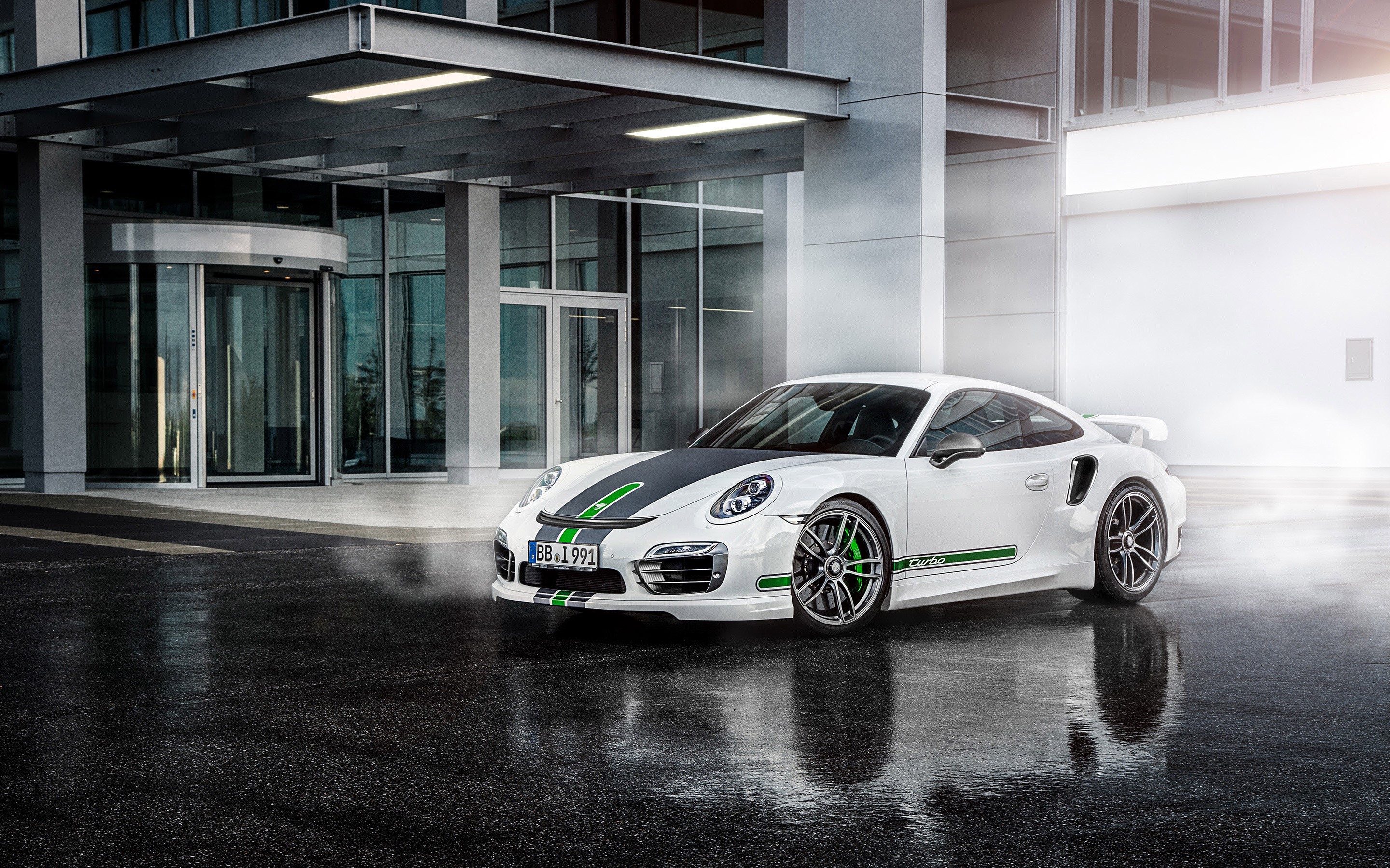 White Porsche Turbo S with Green Accents HD Wallpaper