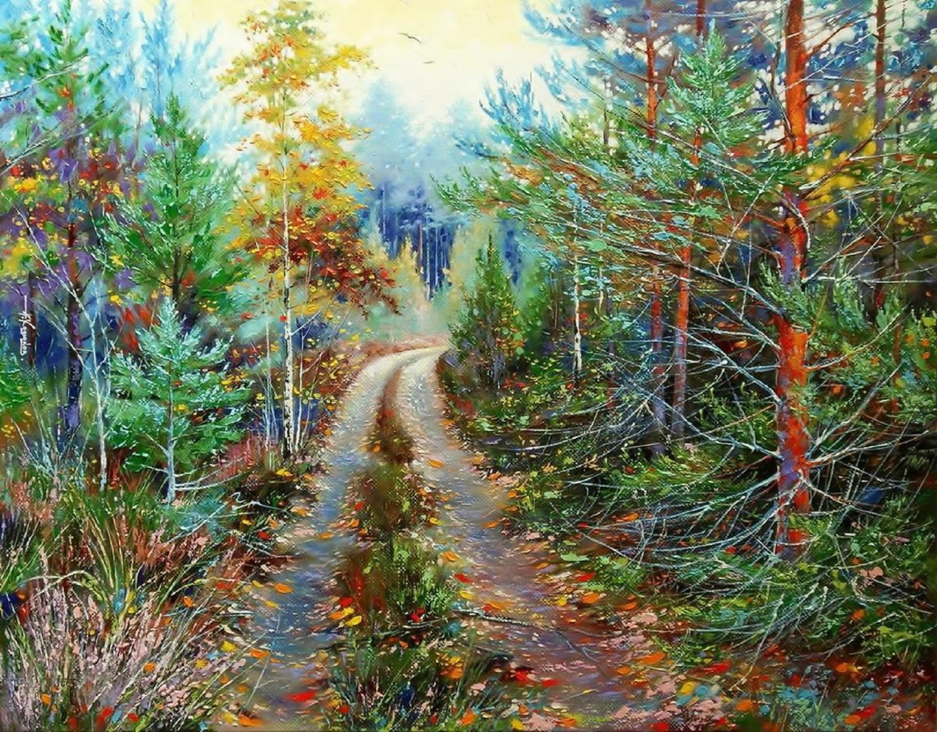 A winding dirt road through an autumn forest HD Wallpaper