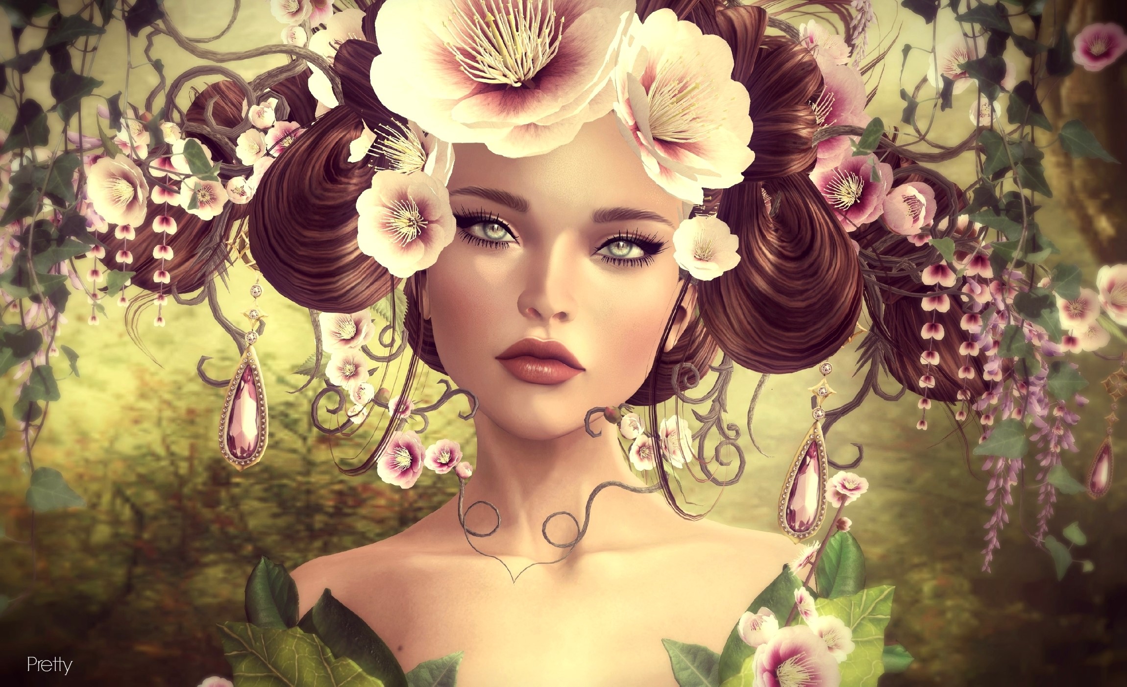 Woman with flowers in her hair and ornate earrings HD Wallpaper