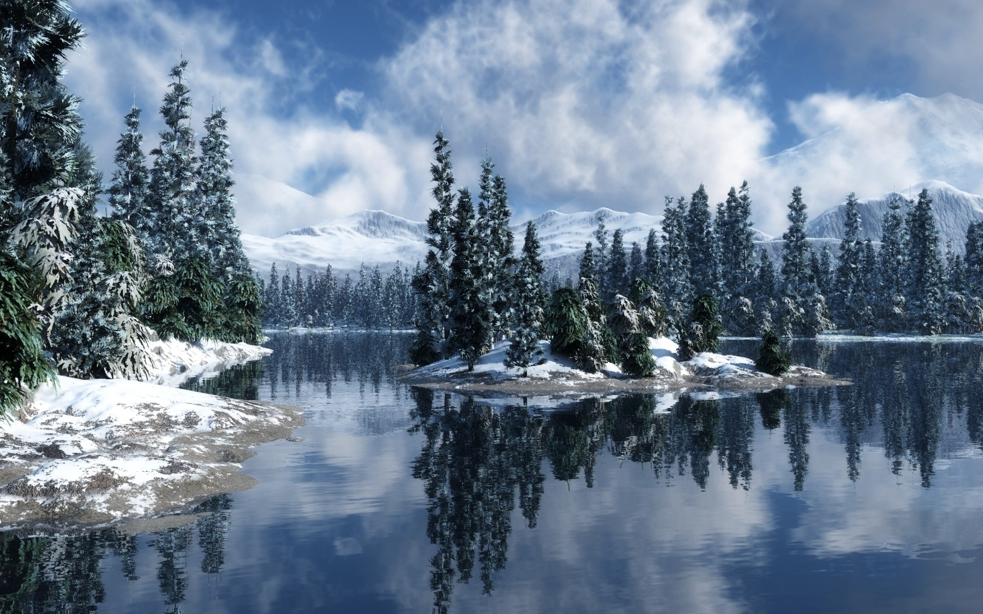Snowy forest reflected in a calm lake HD Wallpaper
