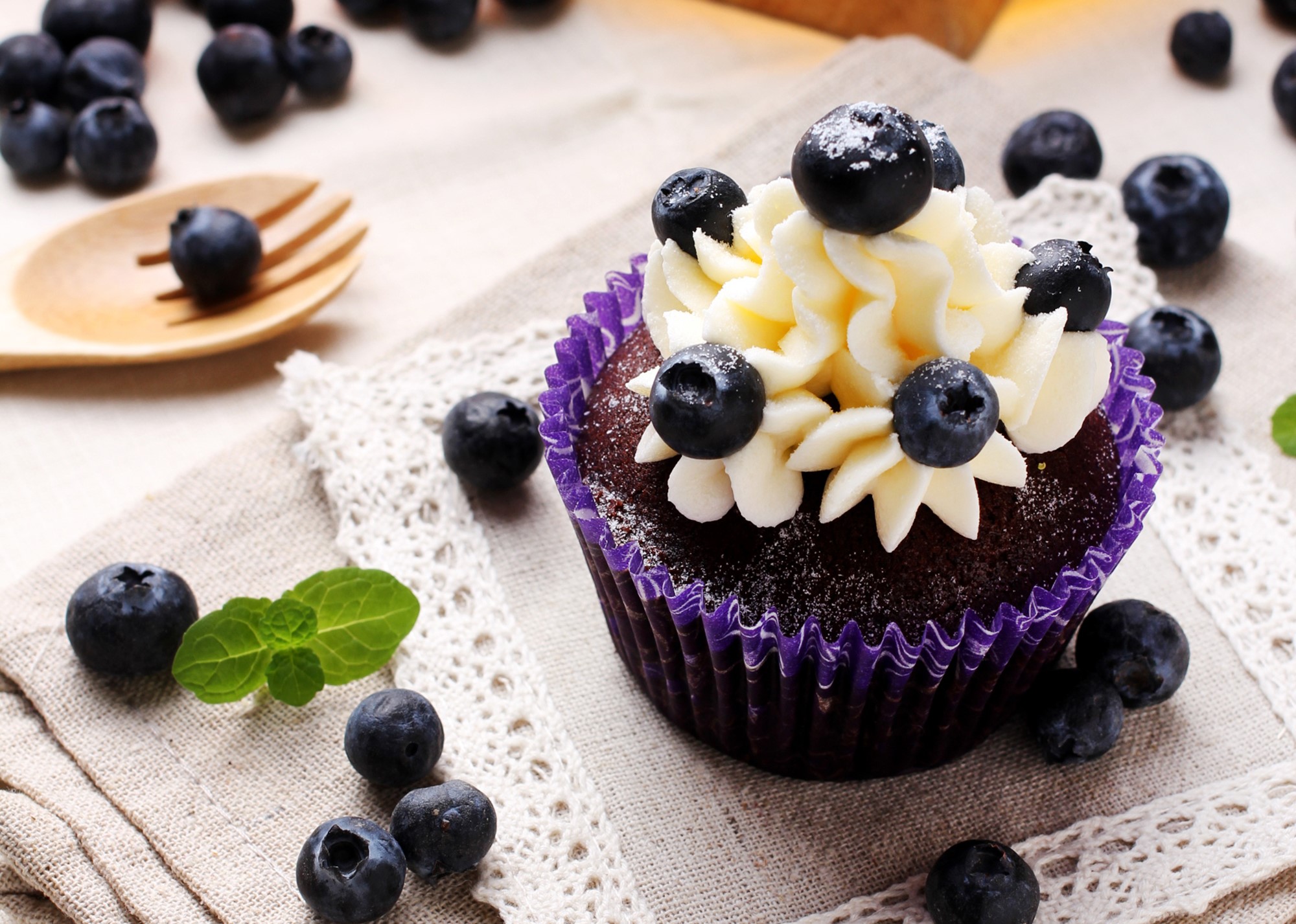 Chocolate cupcake with white frosting and blueberries HD Wallpaper