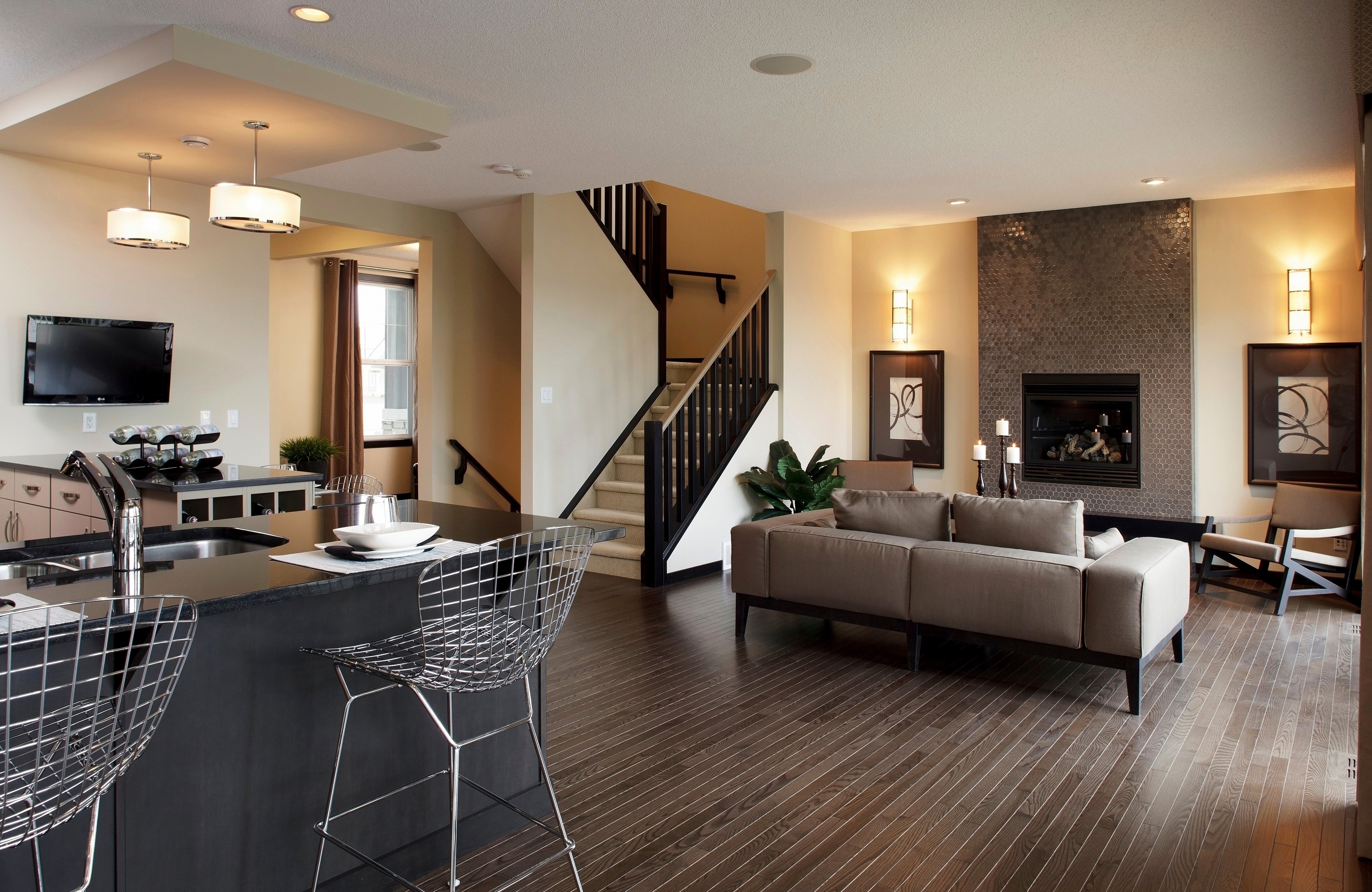 Modern Living Room with Fireplace and Island HD Wallpaper