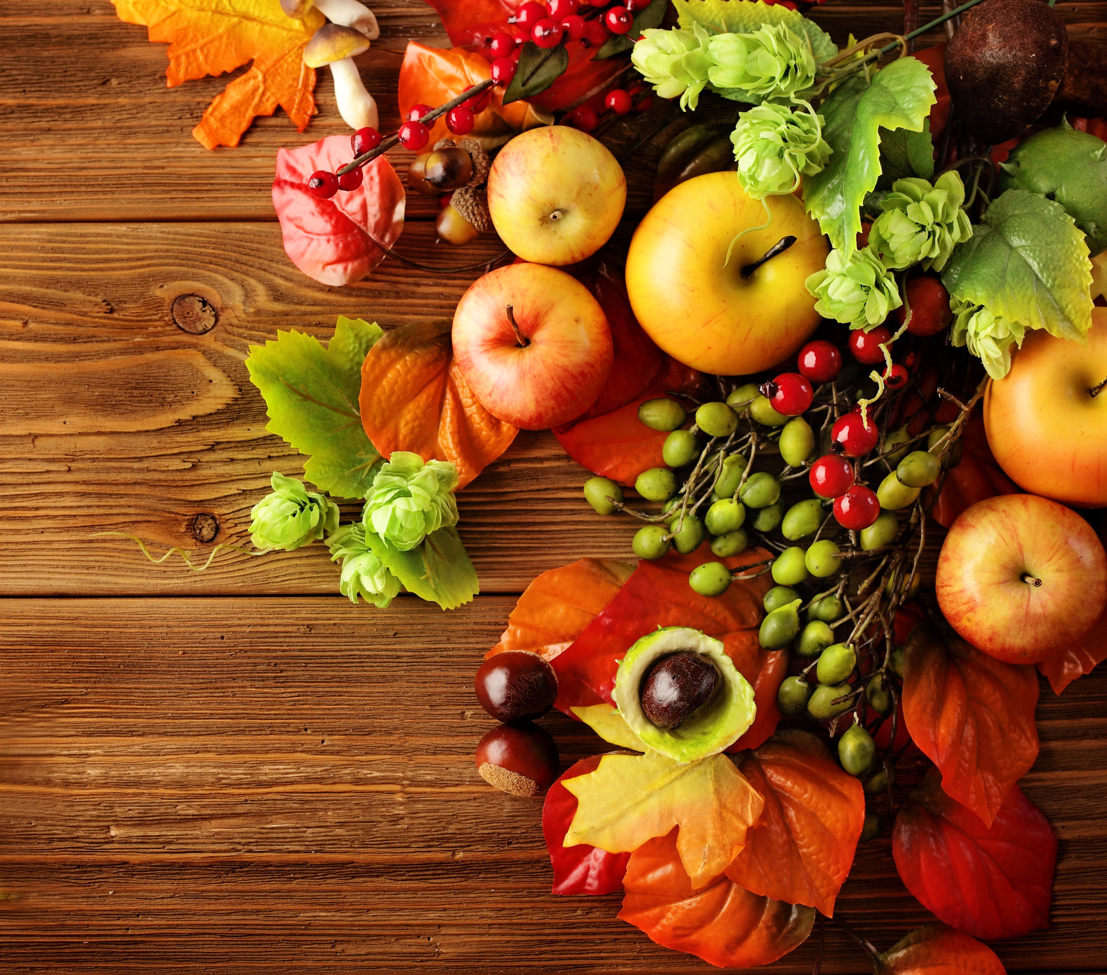 Autumn harvest arrangement with apples and leaves HD Wallpaper