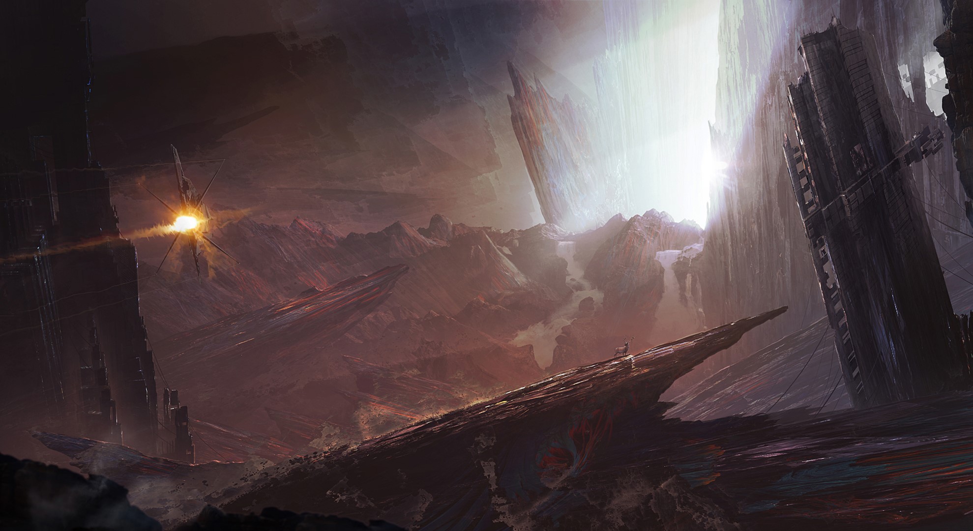 Spaceship in a fantastic, craggy world HD Wallpaper