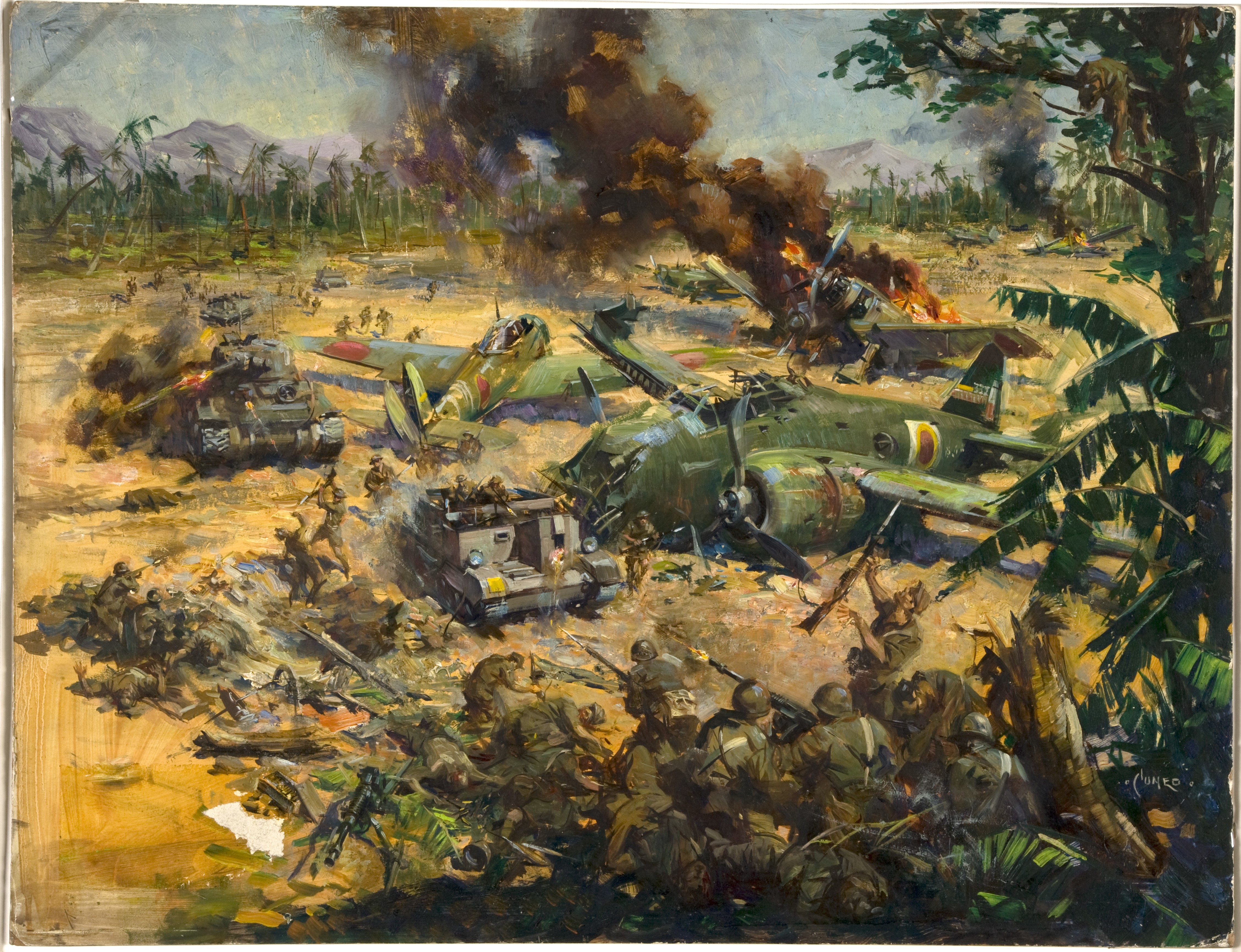 Painting of a battle with tanks and planes HD Wallpaper