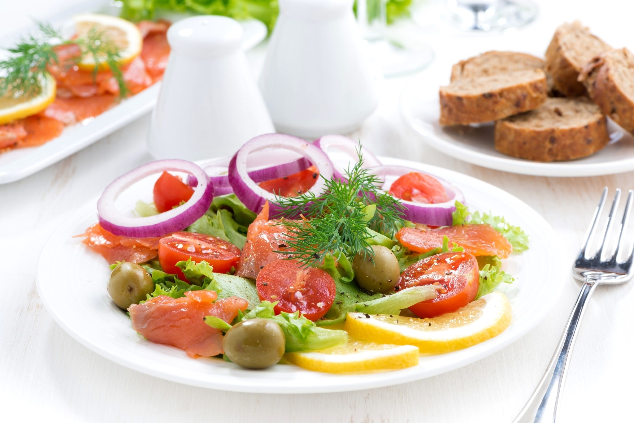 Salmon salad with tomatoes, onions, lemons, and olives HD Wallpaper