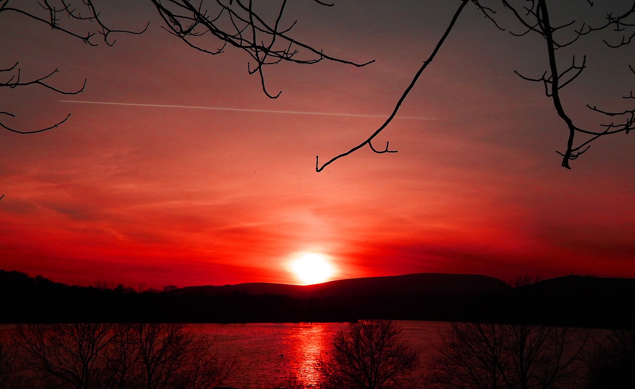 Sunset over a lake with silhouetted trees and a contrail HD Wallpaper