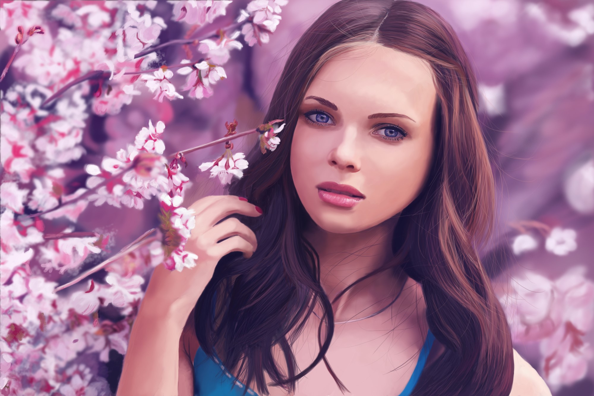 Woman with brown hair and blue eyes near cherry blossoms HD Wallpaper