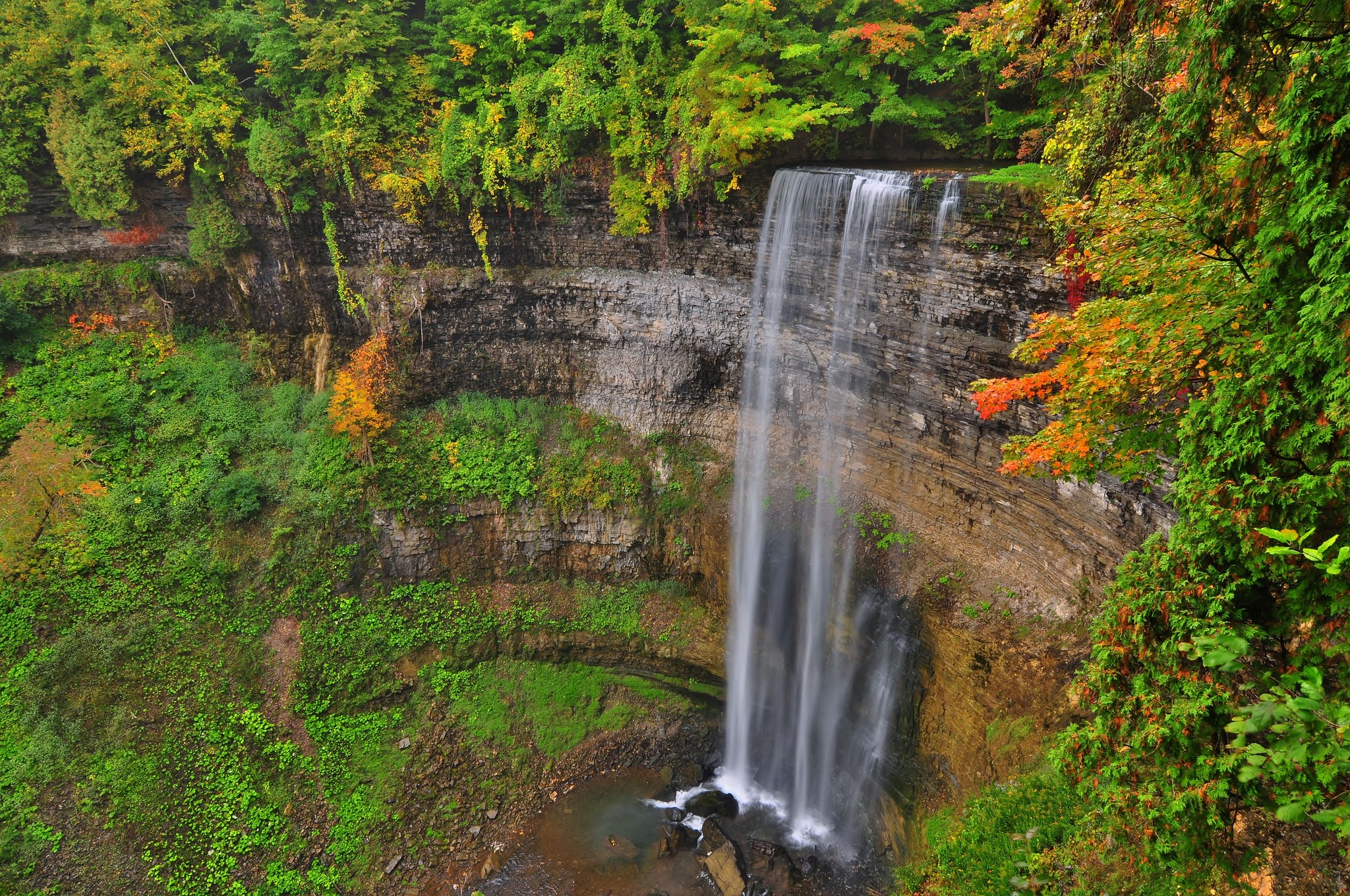 Waterfall cascading over a rocky cliff surrounded by trees HD Wallpaper
