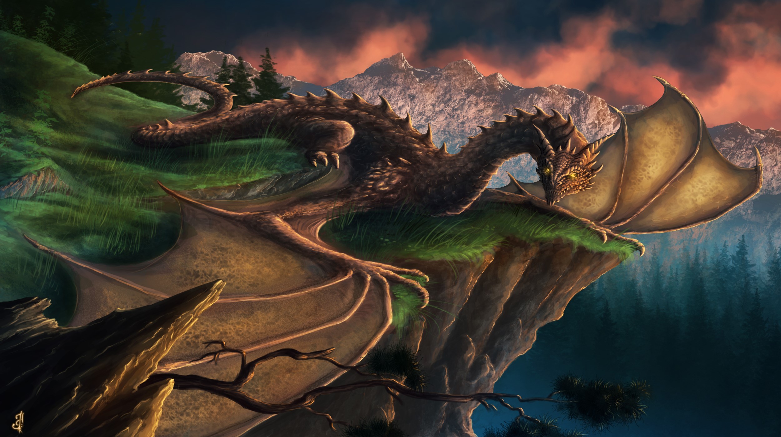 Dragon resting on a cliff edge with mountains in the background HD Wallpaper