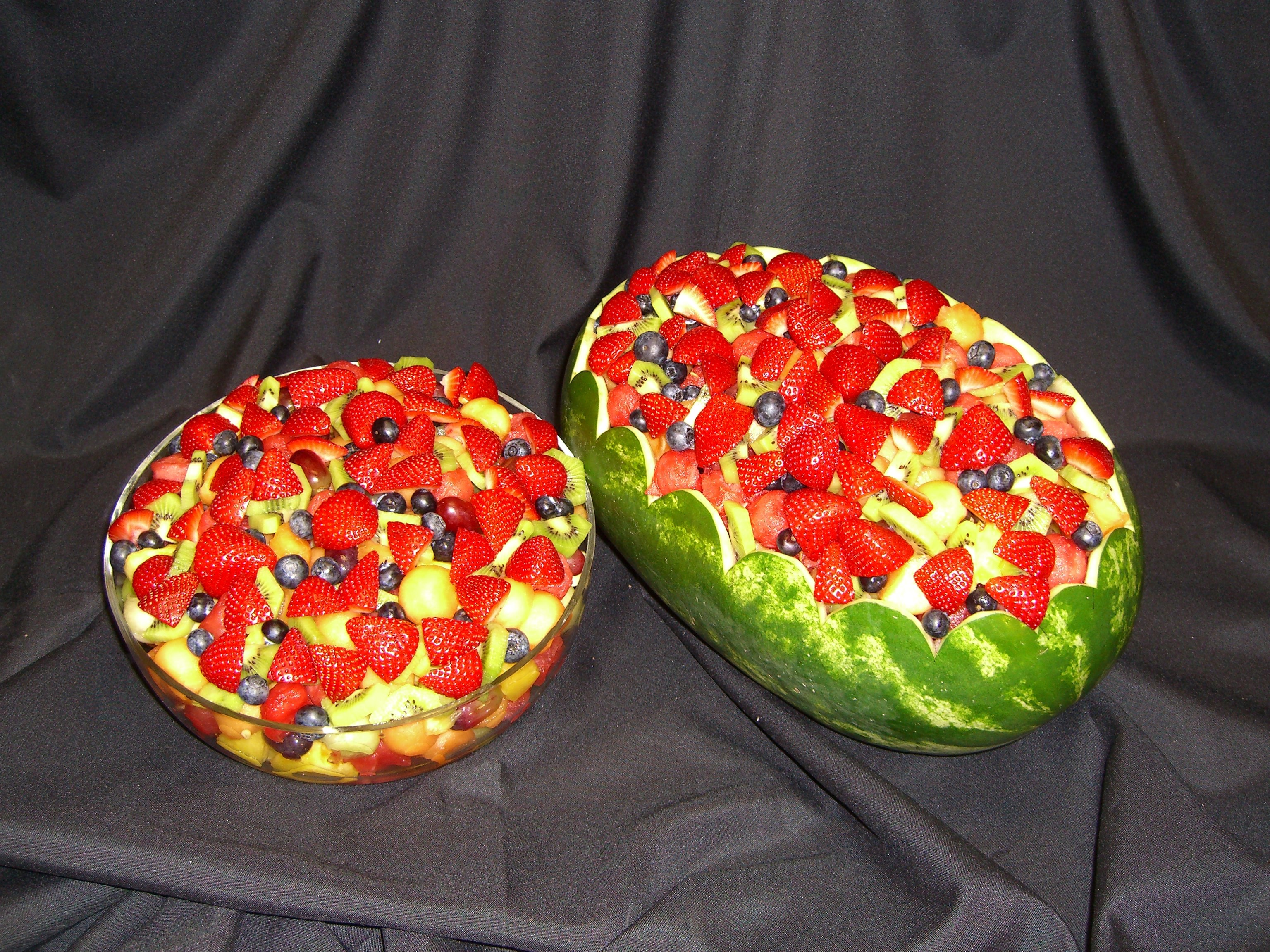 Fruit salad in a watermelon bowl and glass bowl HD Wallpaper