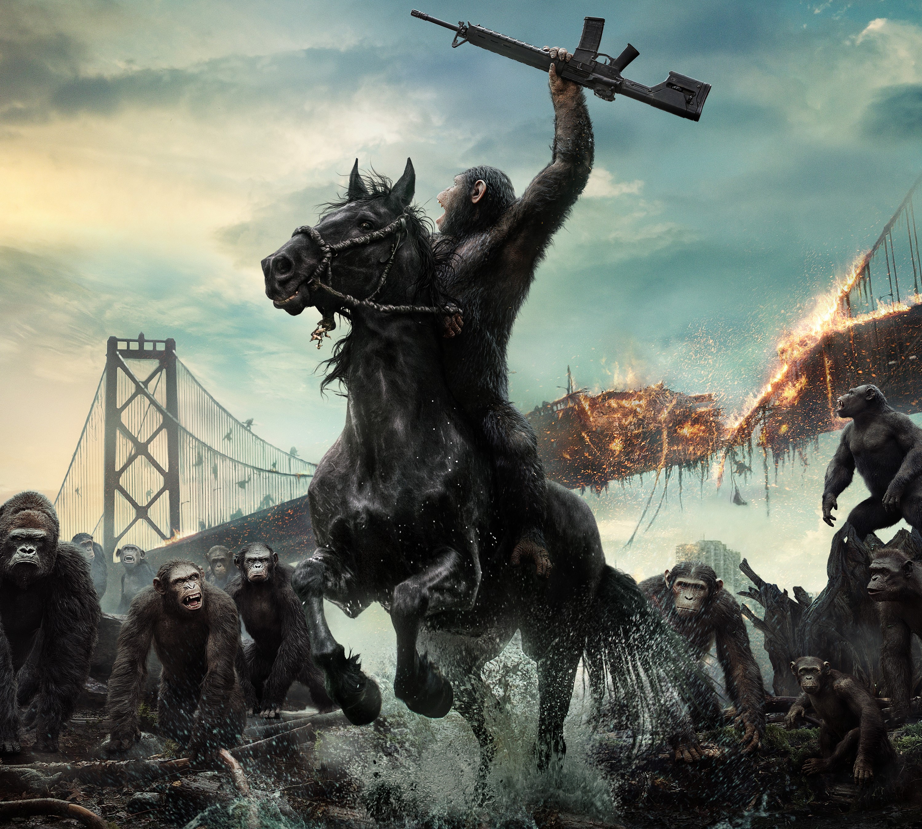 Caesar on horseback with assault rifle from Dawn of the Planet of the Apes HD Wallpaper