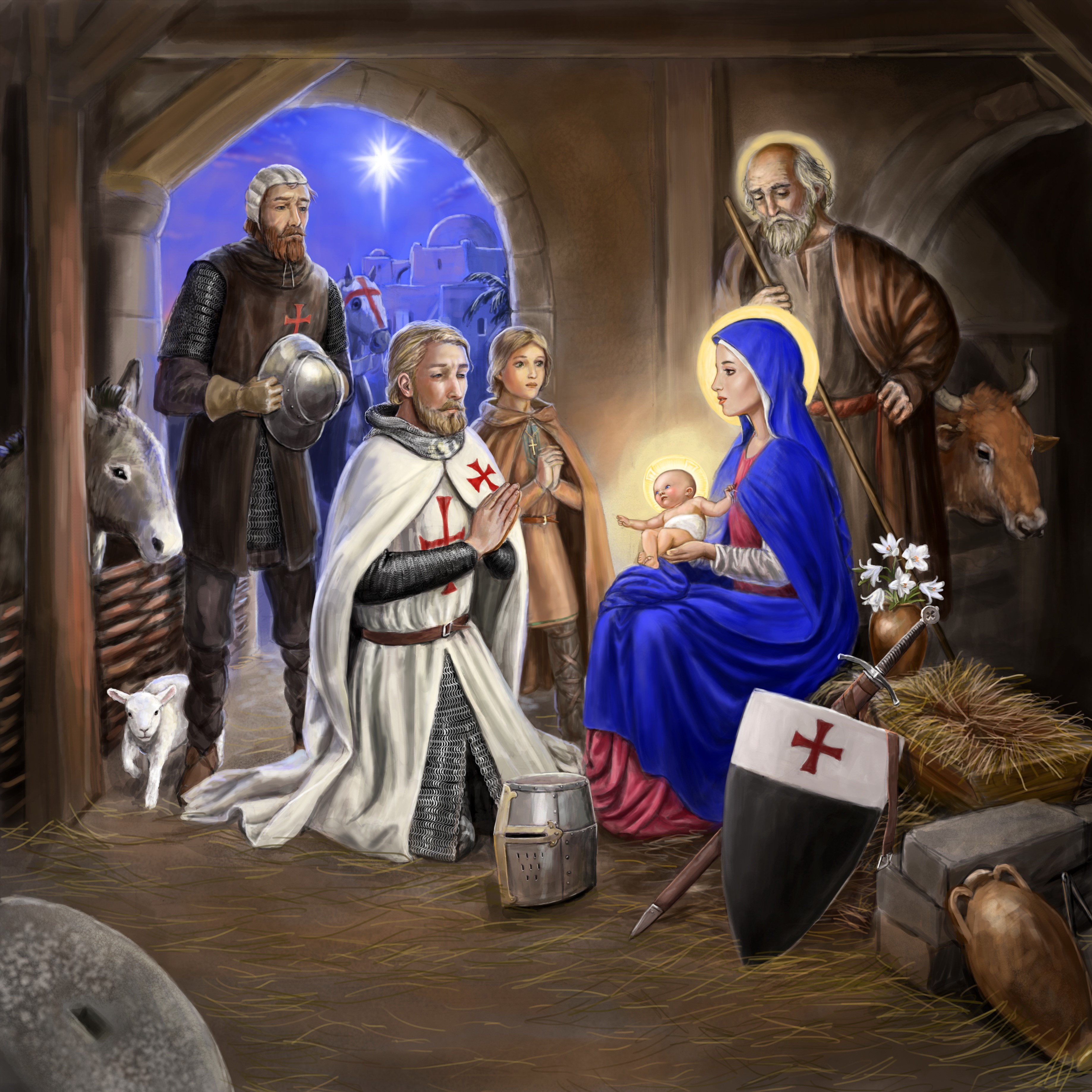 Nativity scene with knights and animals HD Wallpaper