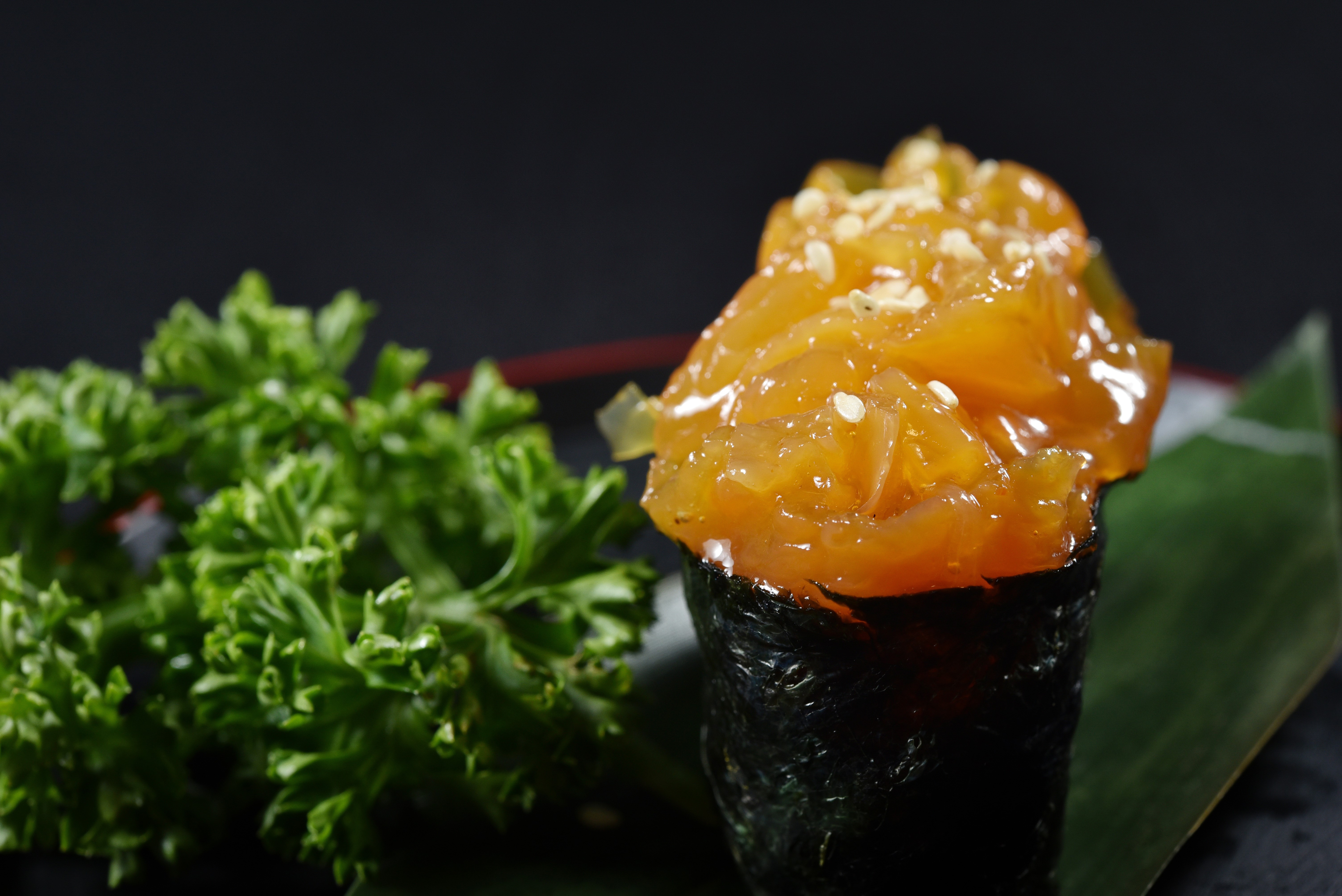 Sushi with seafood and parsley garnish HD Wallpaper