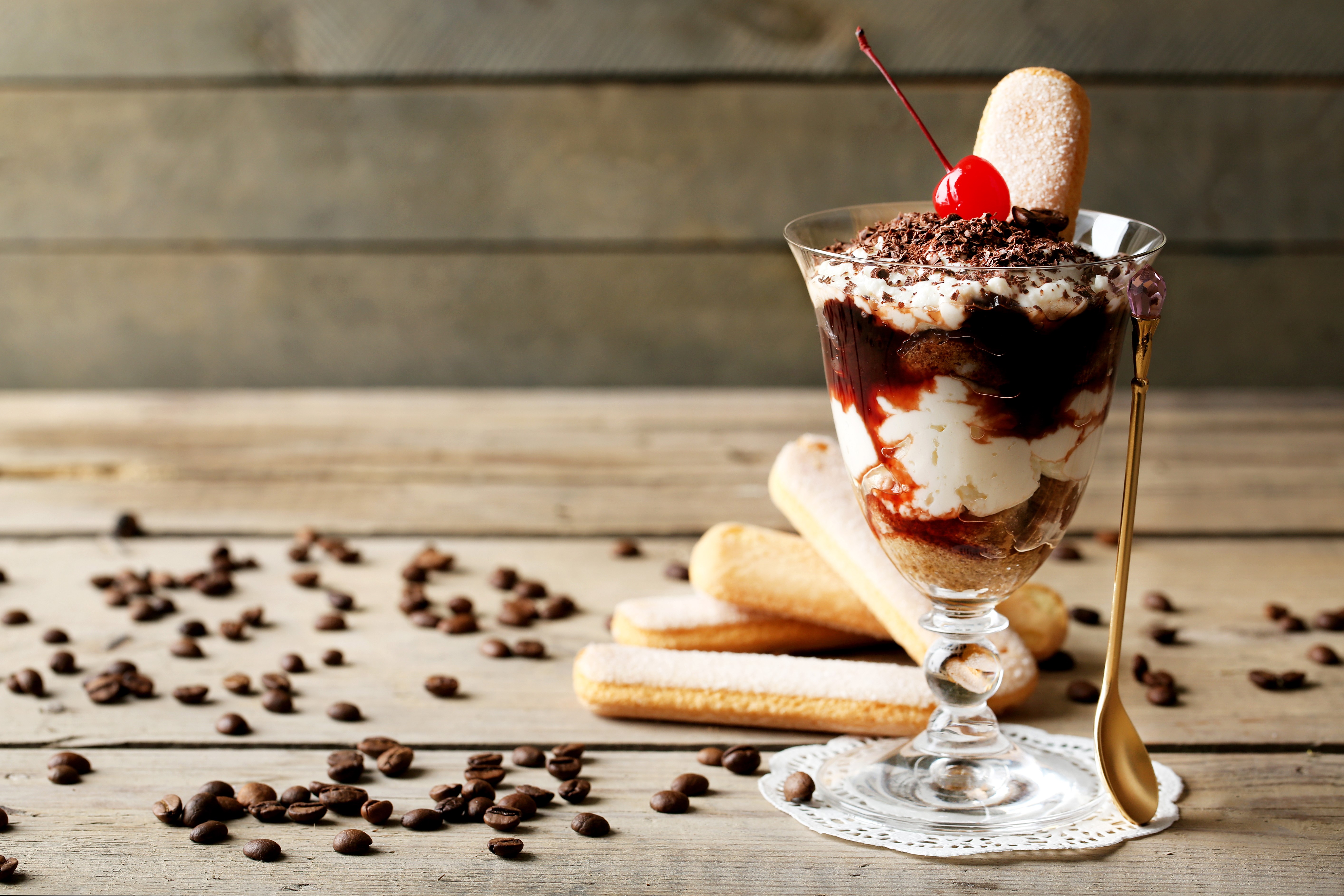 Tiramisu dessert with ladyfingers and coffee beans HD Wallpaper