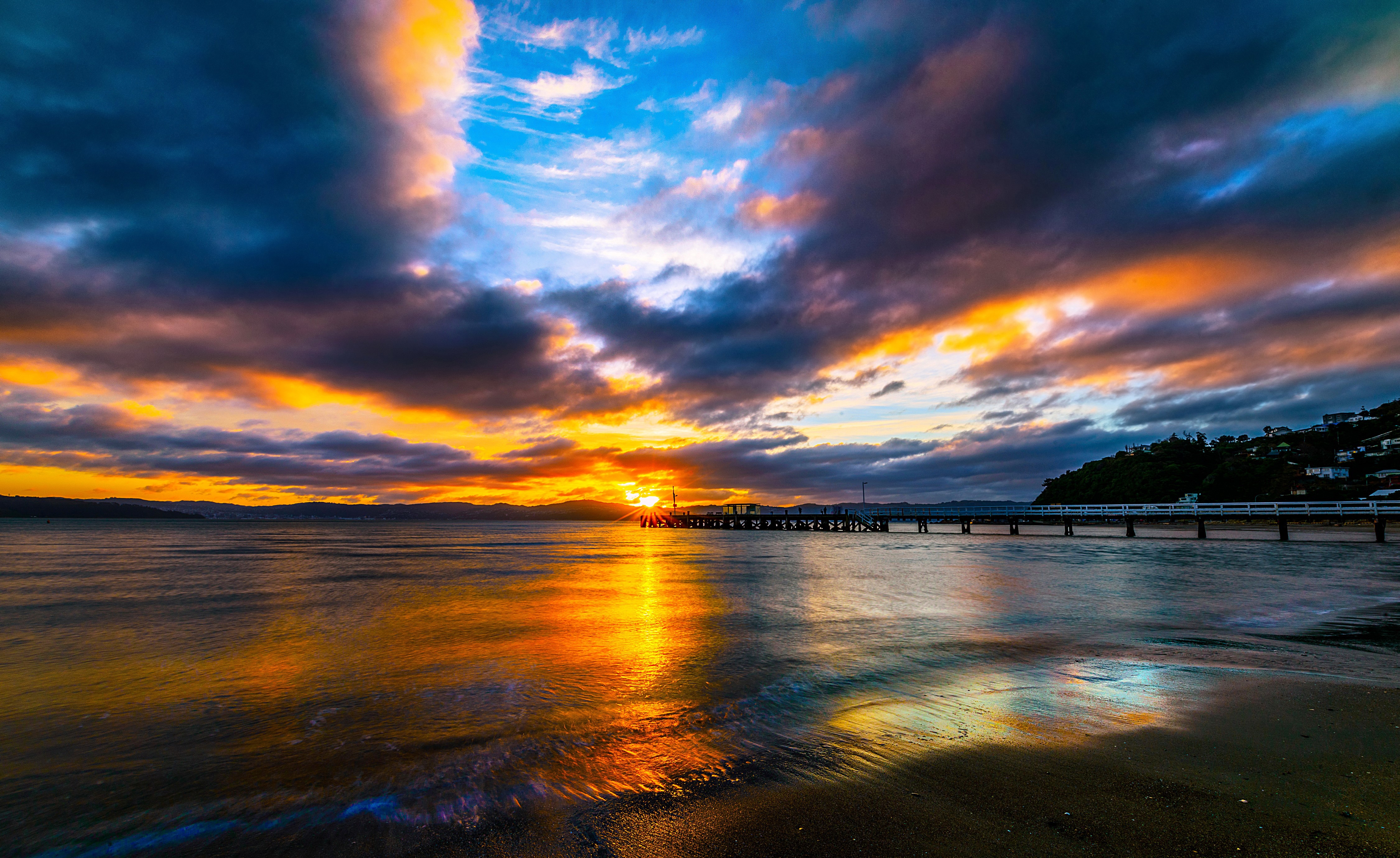 4K Wellington New Zealand Sea Sunrise with Pier HD Wallpaper
