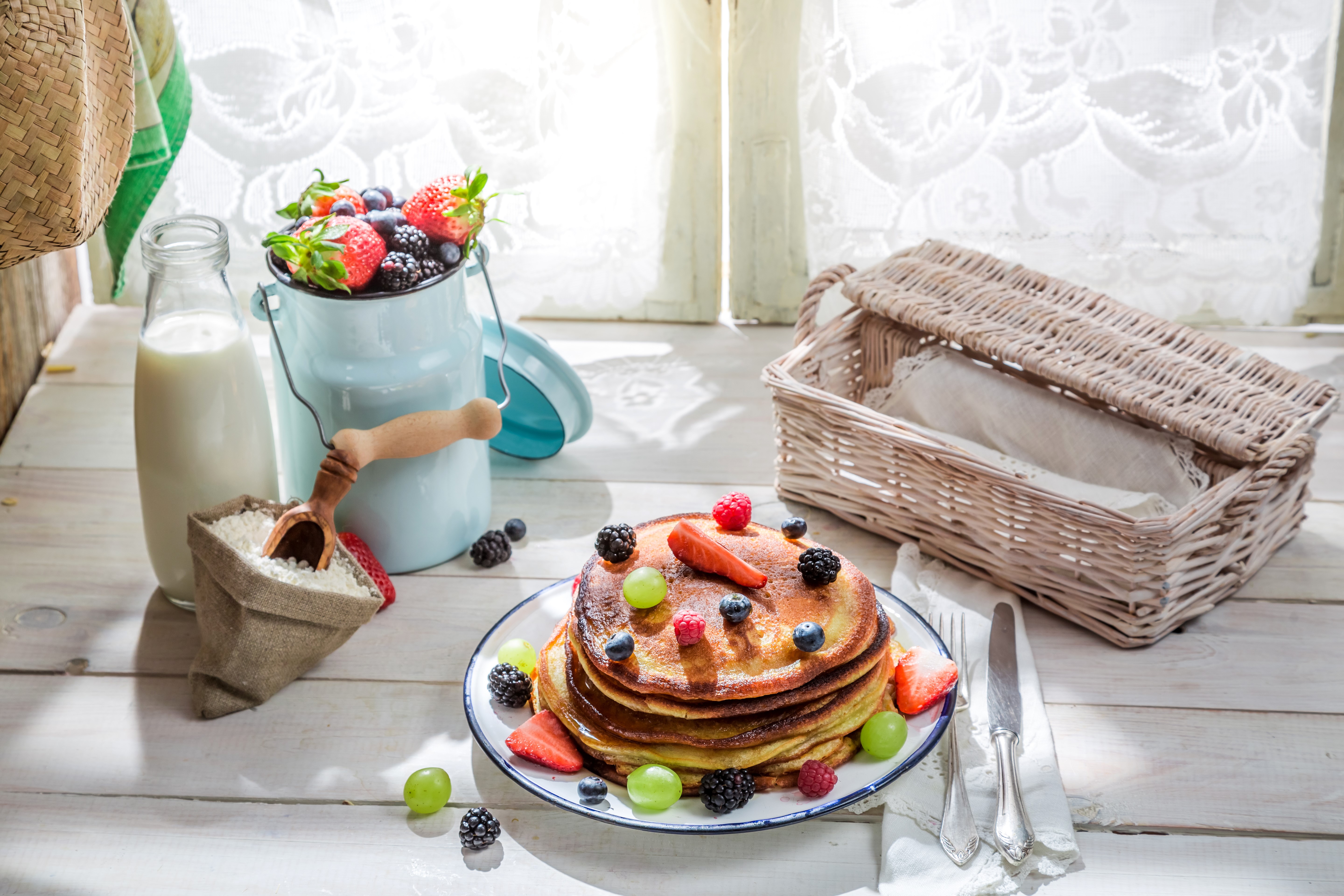 Pancakes with Berries and Milk HD Wallpaper
