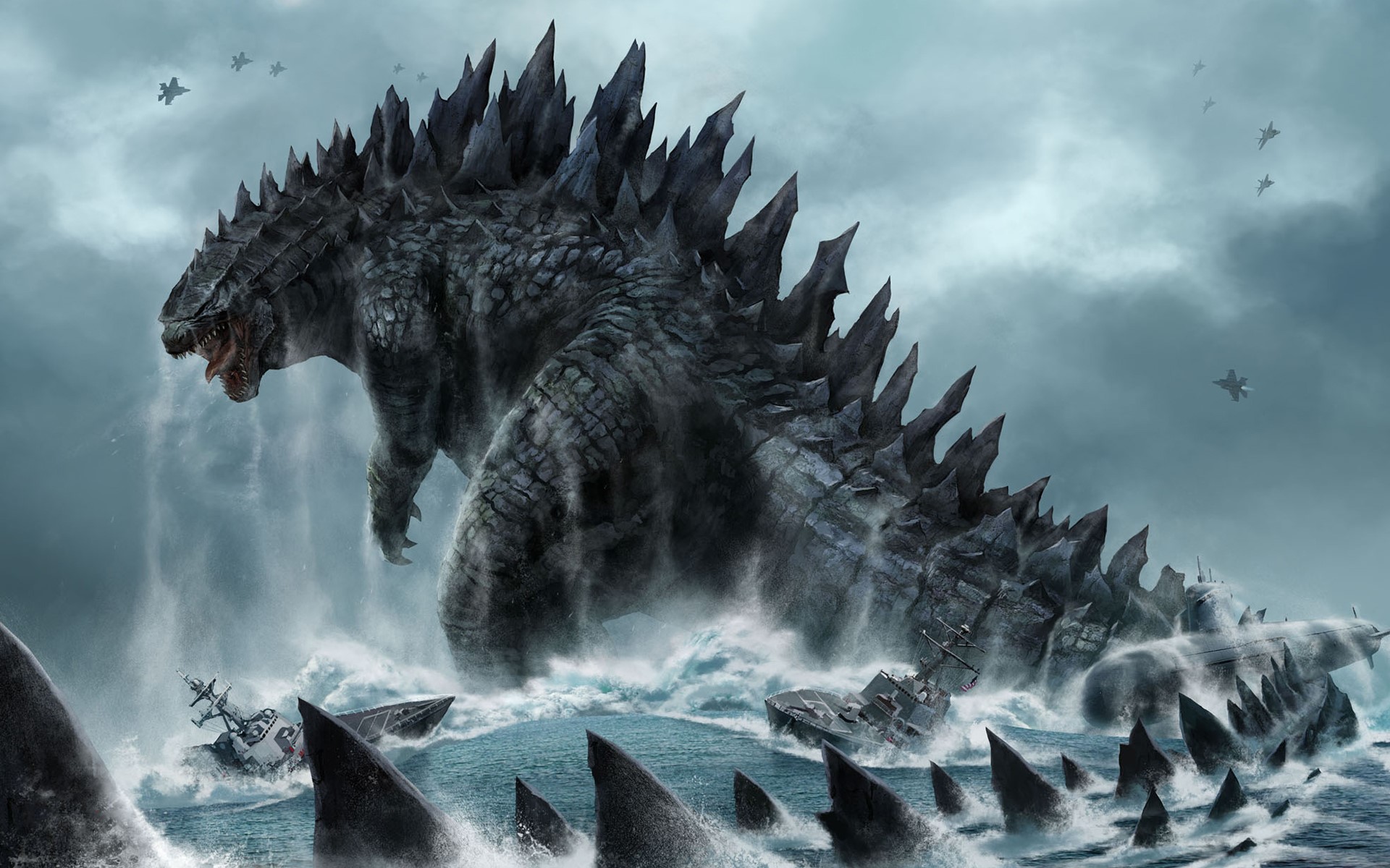Godzilla attacking ships with fighter jets overhead HD Wallpaper